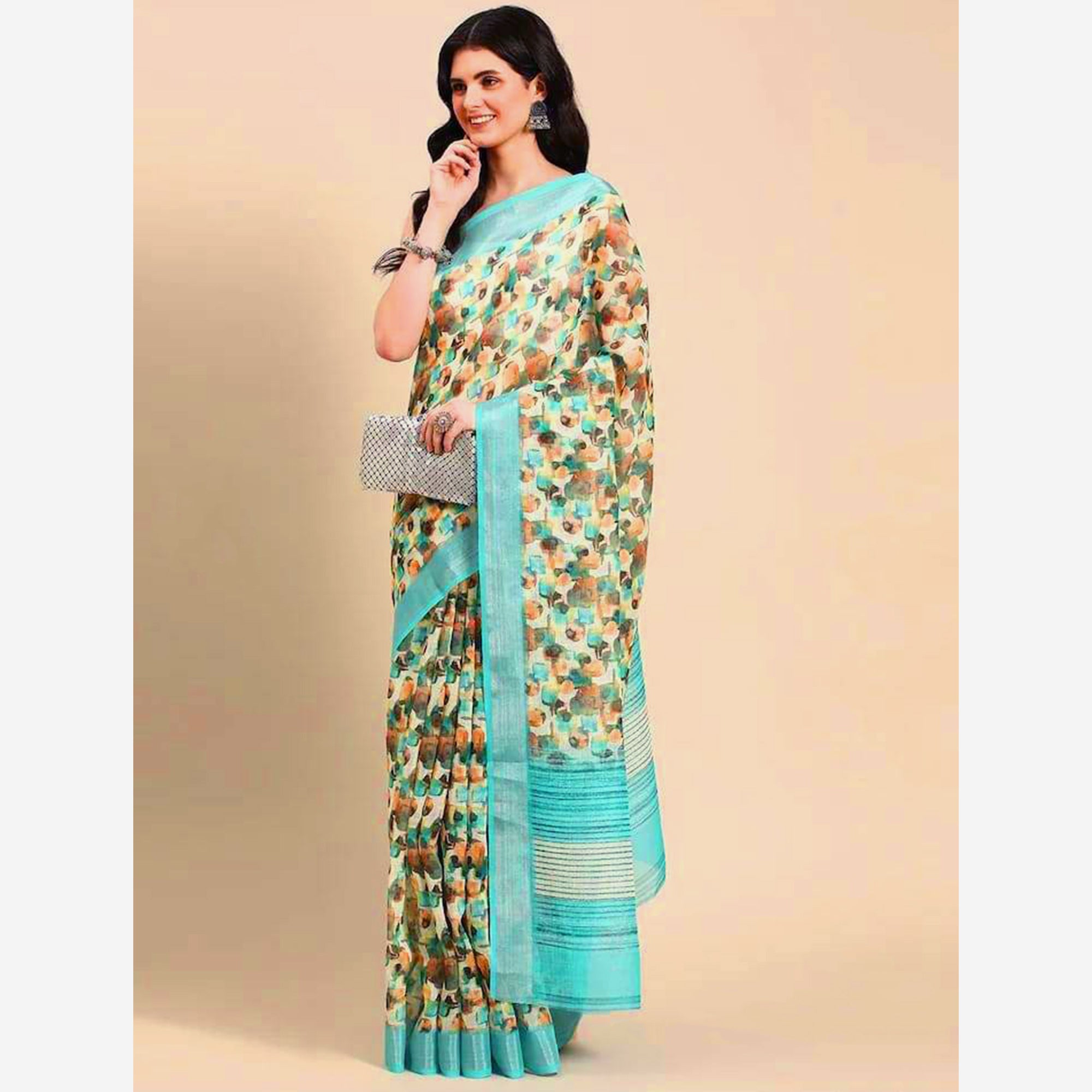 Green Abstract Digital Printed Linen Saree with Zari Border