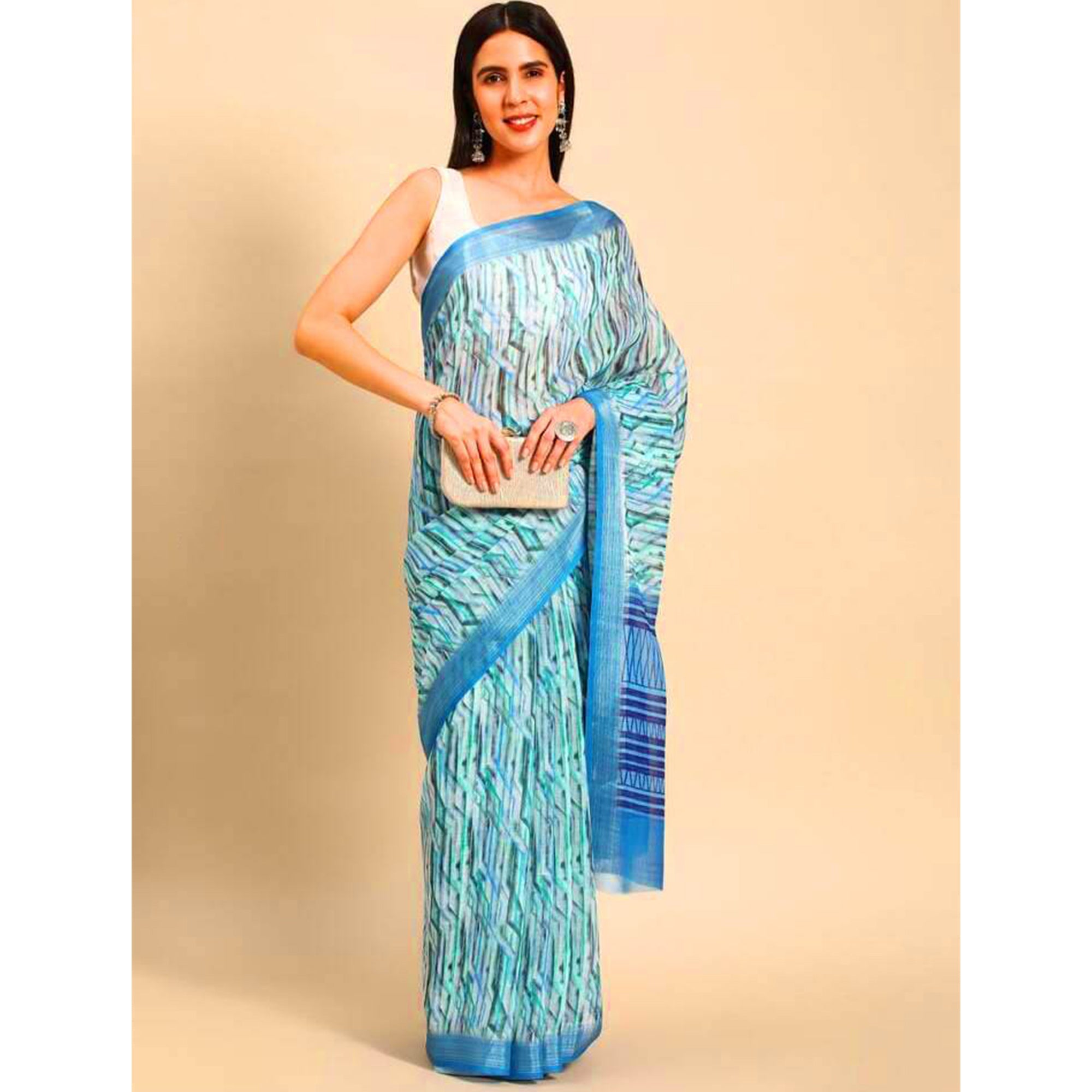 Blue Abstract Digital Printed Linen Saree with Zari Border