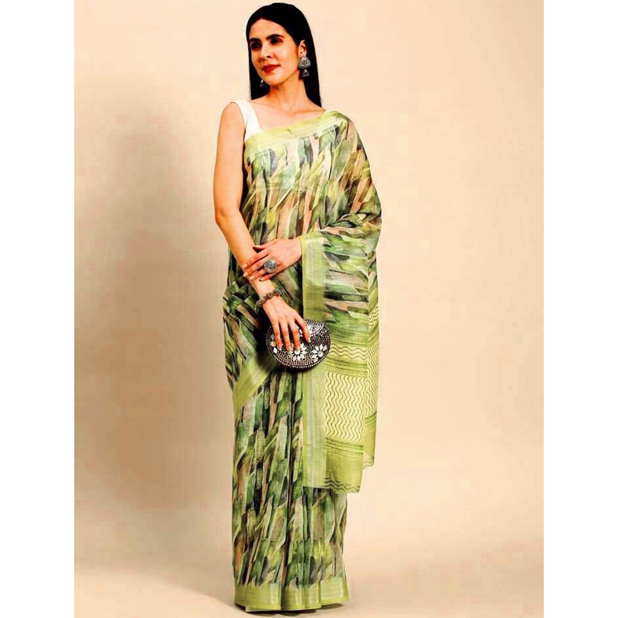 Green Abstract Digital Printed Linen Saree with Zari Border