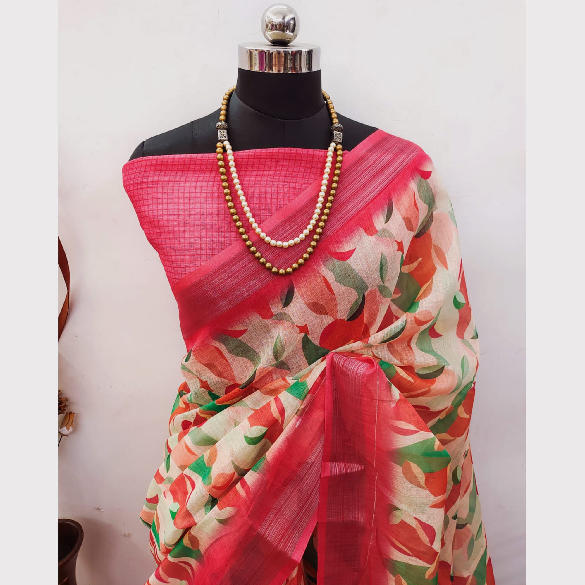 Pink Floral Digital Printed Linen Saree with Zari Border