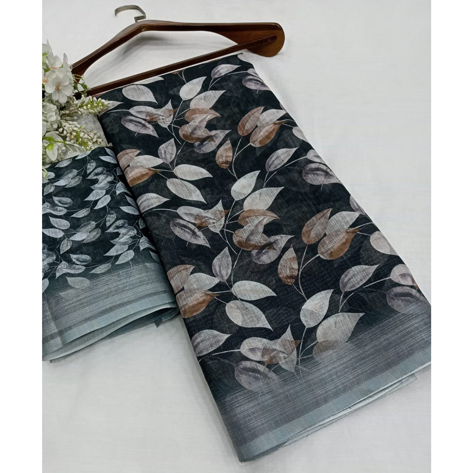 Dark Grey Digital Printed Linen Saree With Border