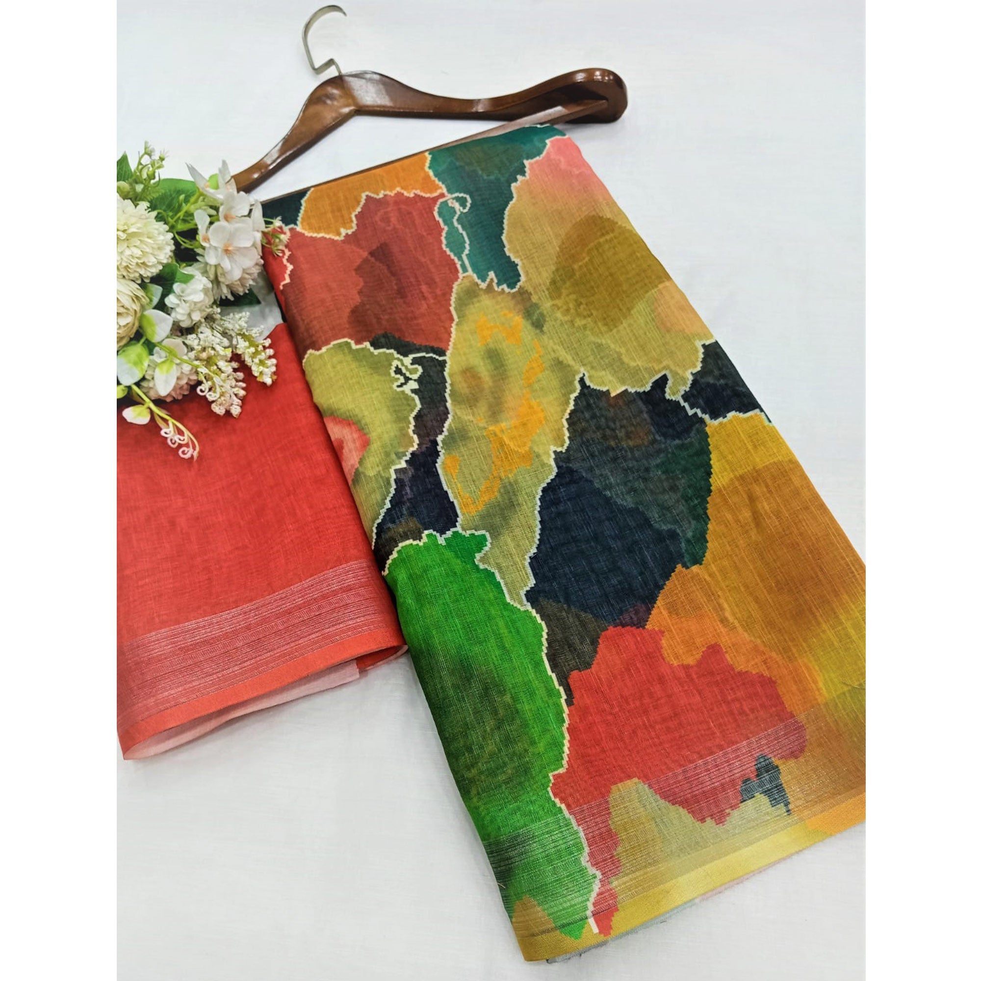 Multicolor Digital Printed Linen Saree With Border