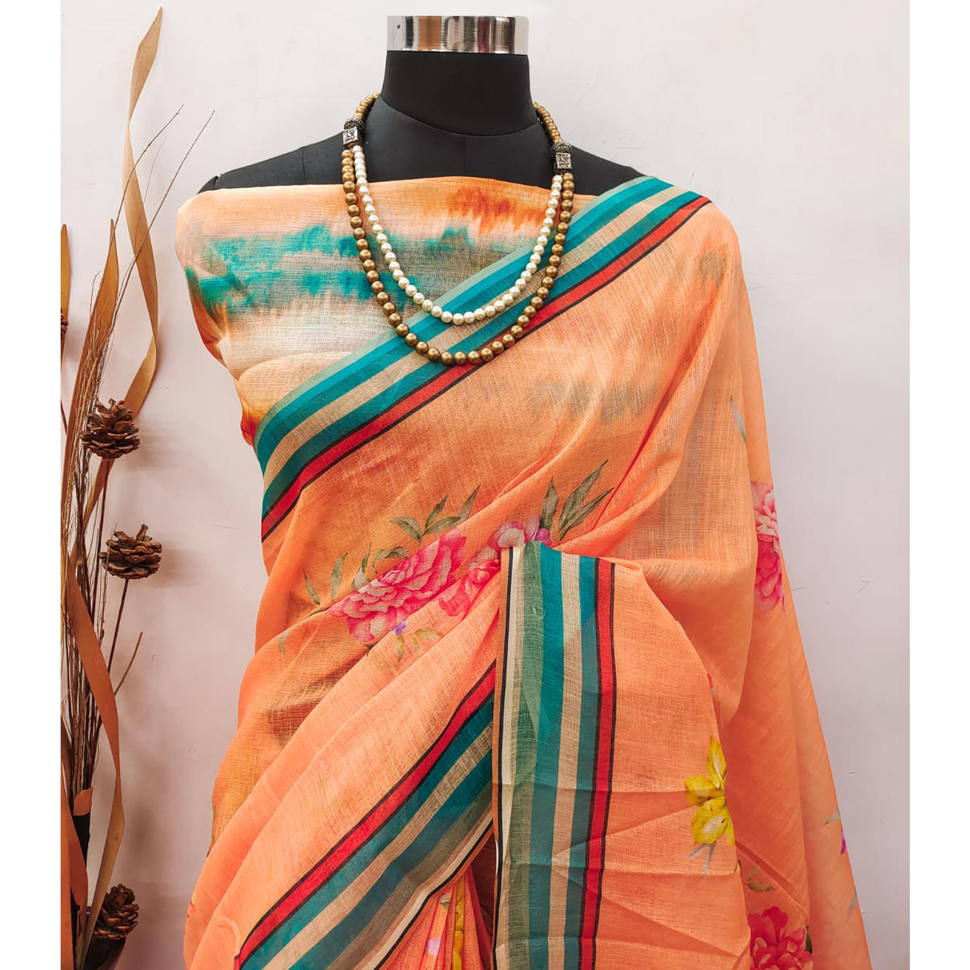 Orange Digital Printed Linen Saree With Border