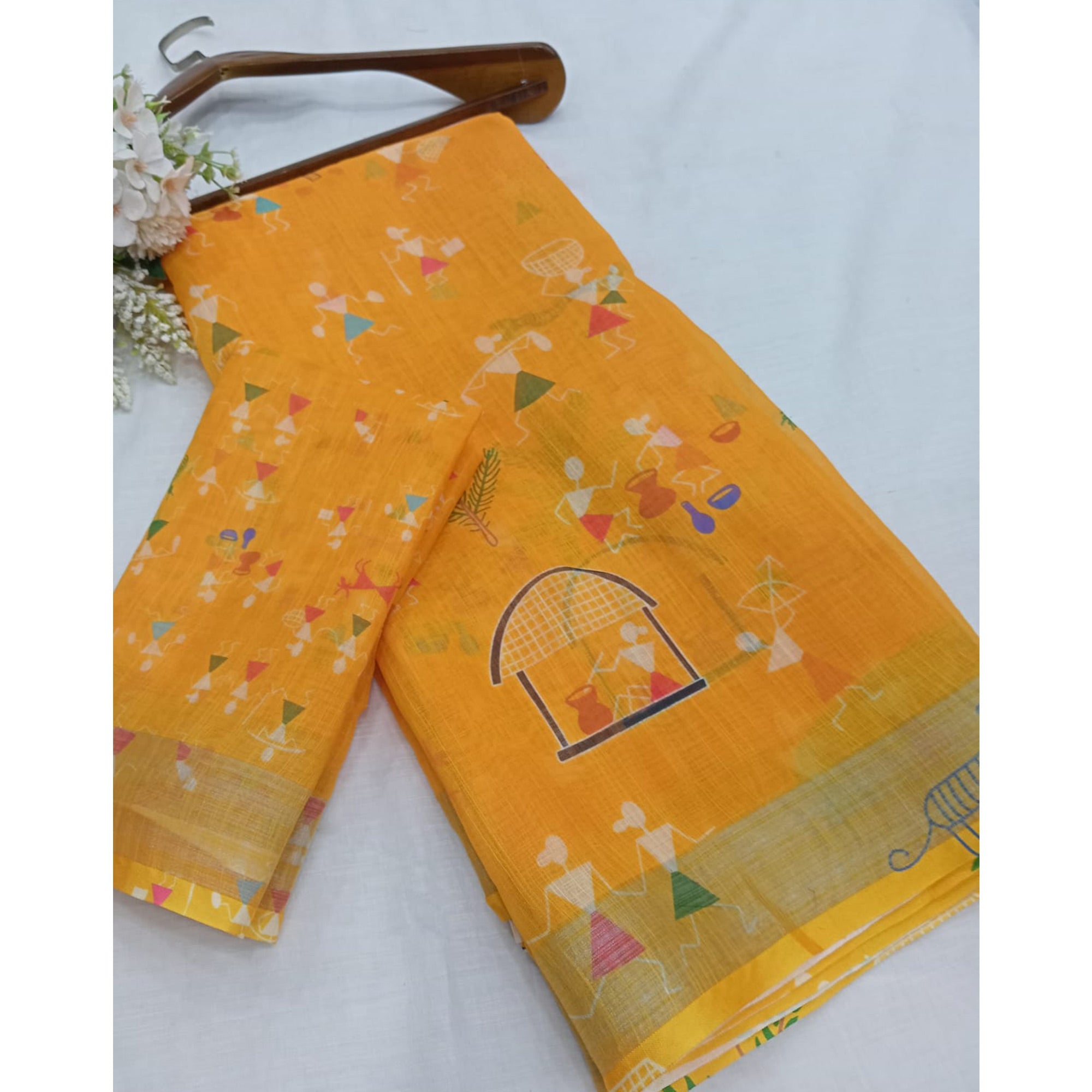 Yellow Digital Printed Linen Saree