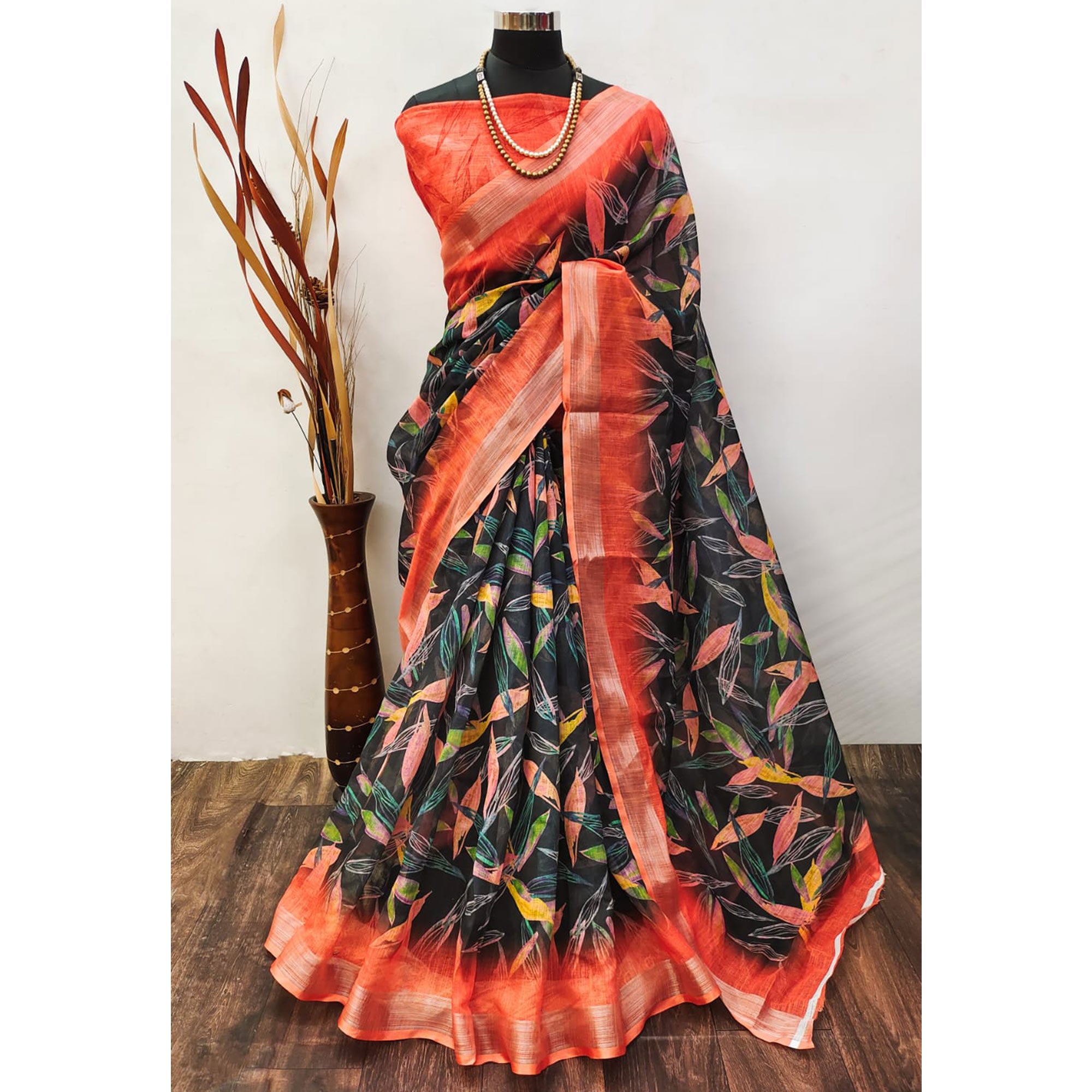 Black & Orange Digital Printed Linen Saree With Border