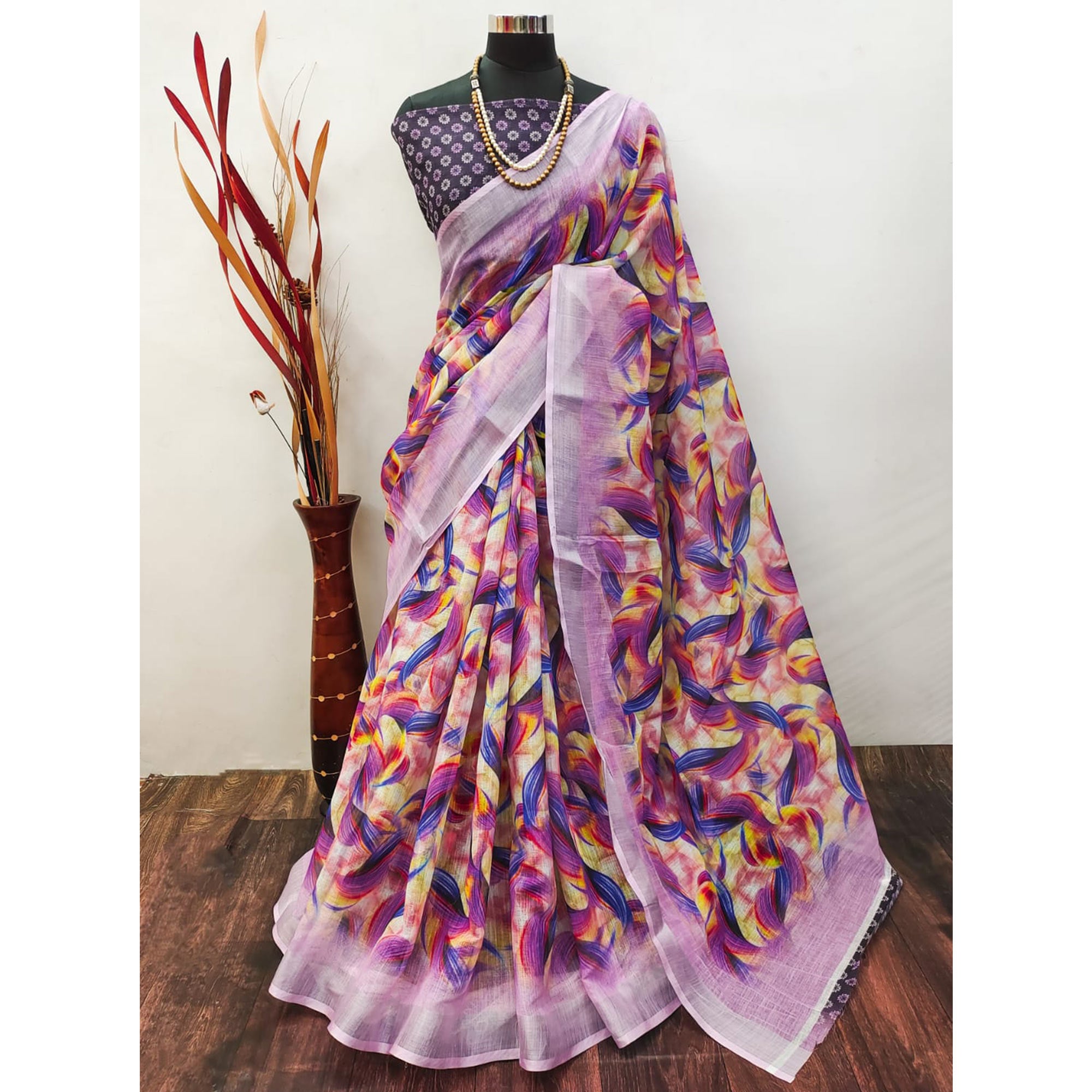 Pink Digital Printed Linen Saree With Border