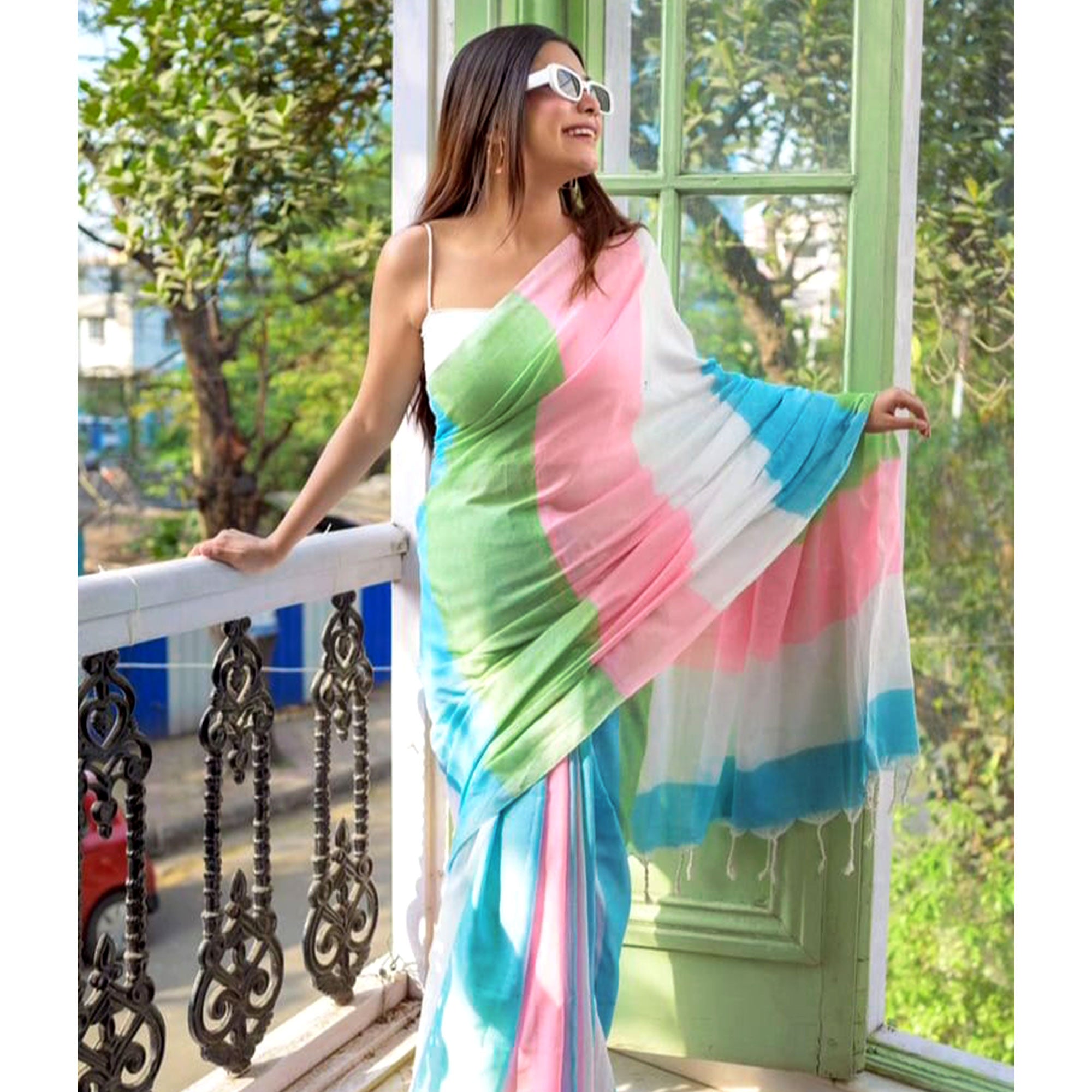 Multicolor Striped Printed Linen Saree