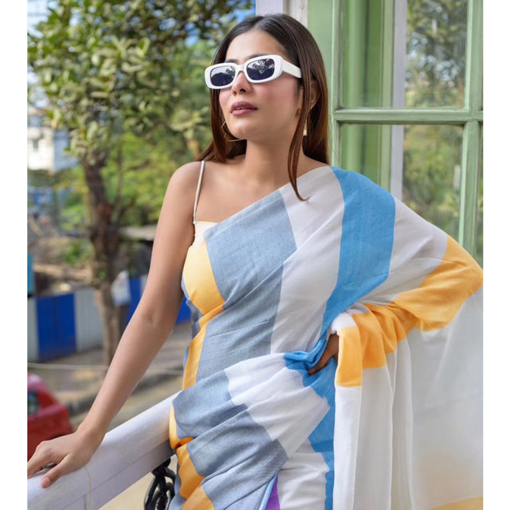 Multicolor Striped Printed Linen Saree