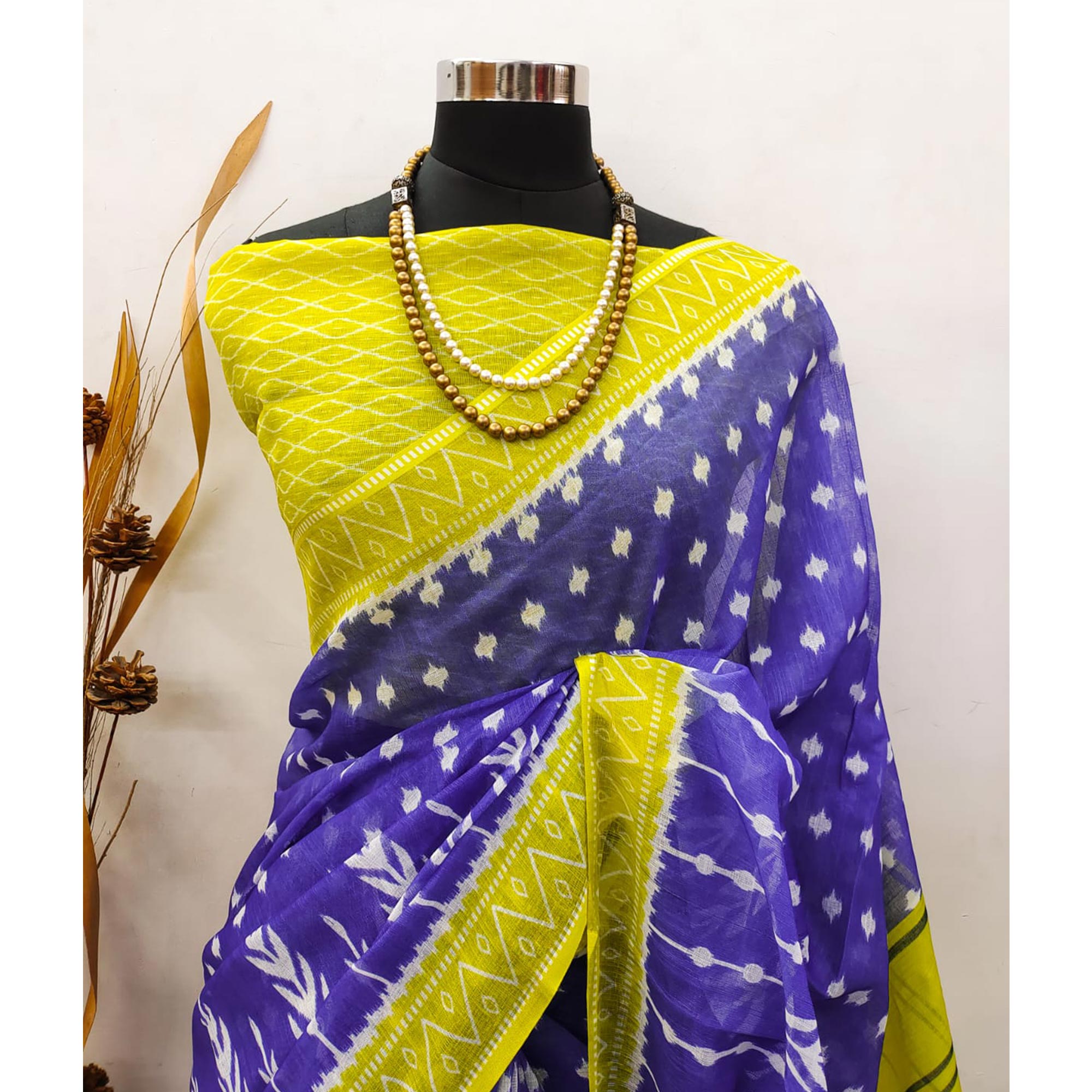 Blue Ikkat Printed Linen Saree