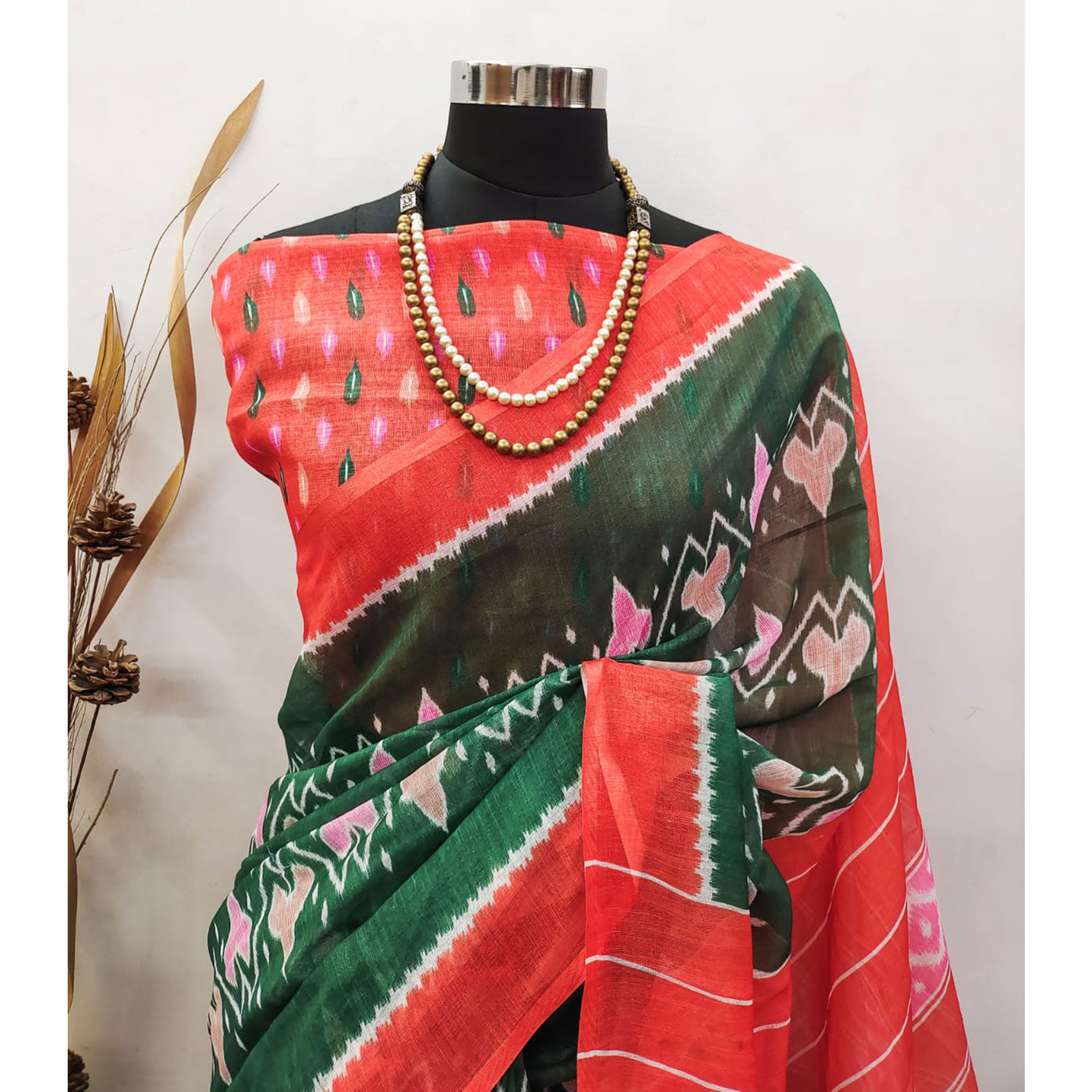 Green Ikkat Printed Linen Saree