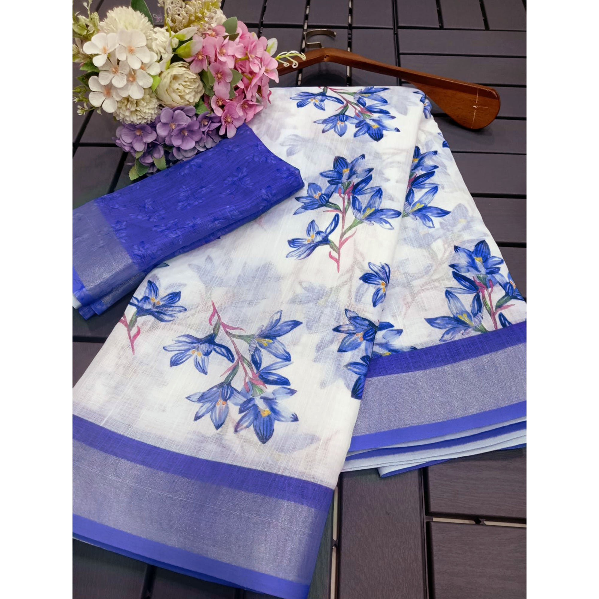 White & Blue Floral Digital Printed Linen Saree