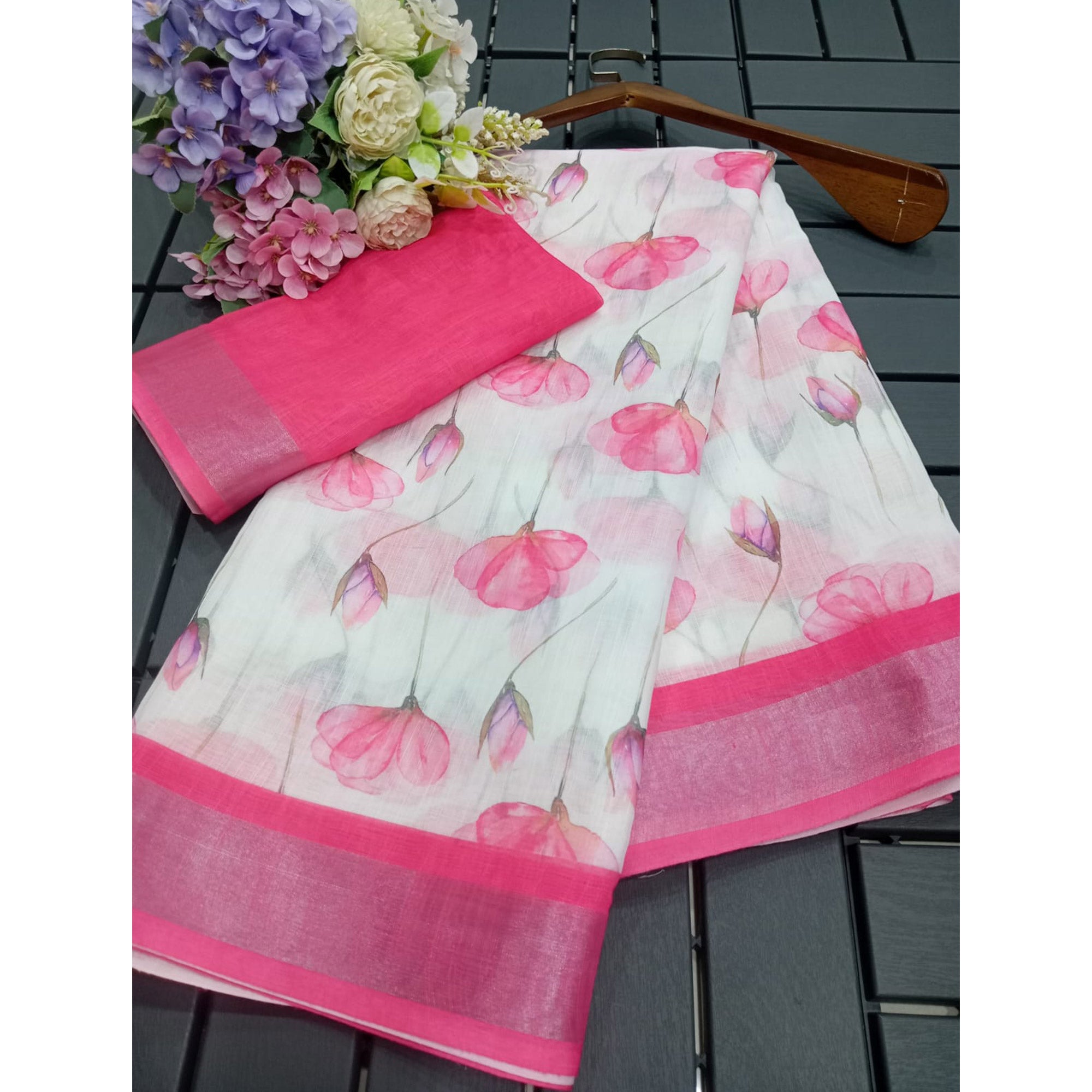 White & Pink Floral Digital Printed Linen Saree