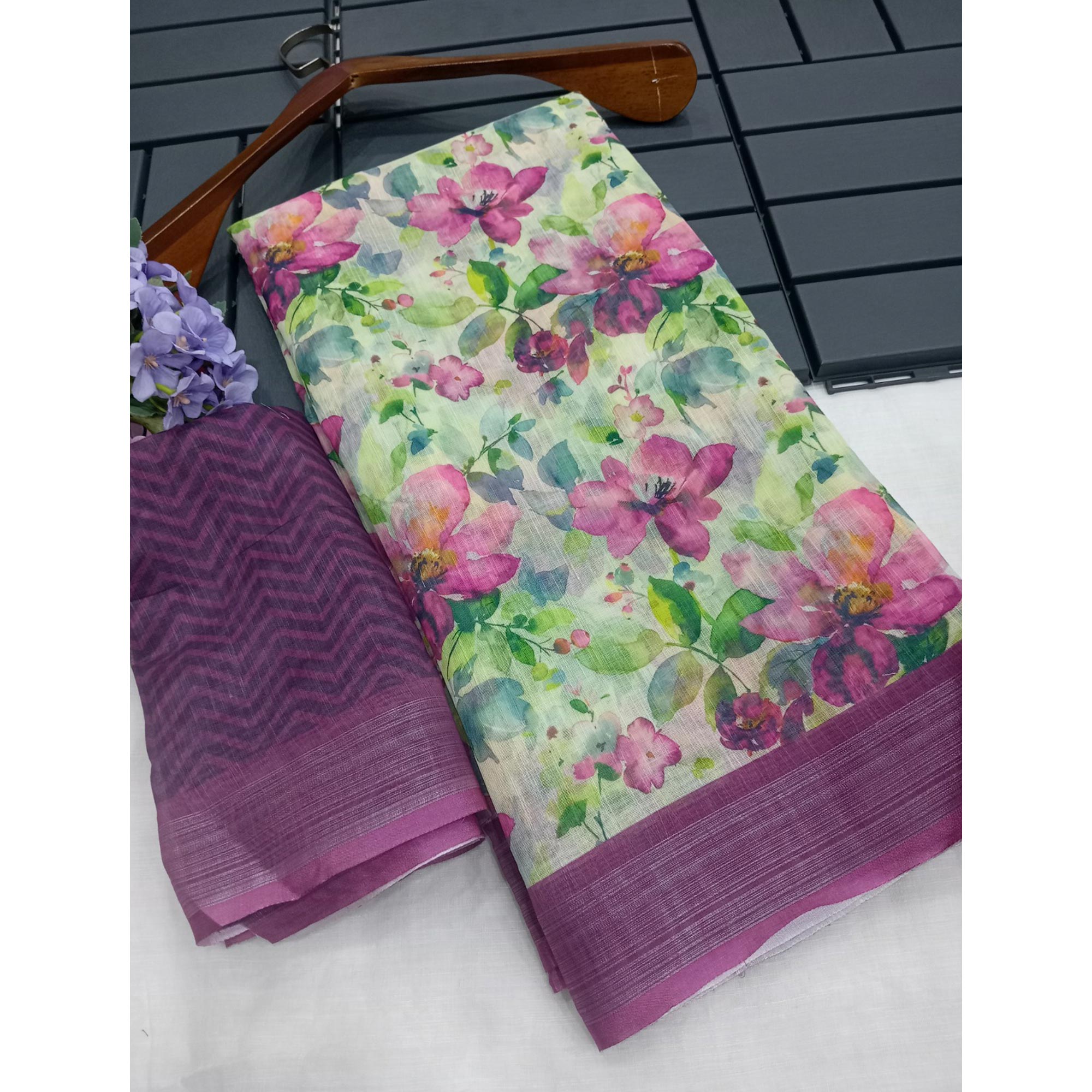 Purple Floral Digital Printed Linen Saree