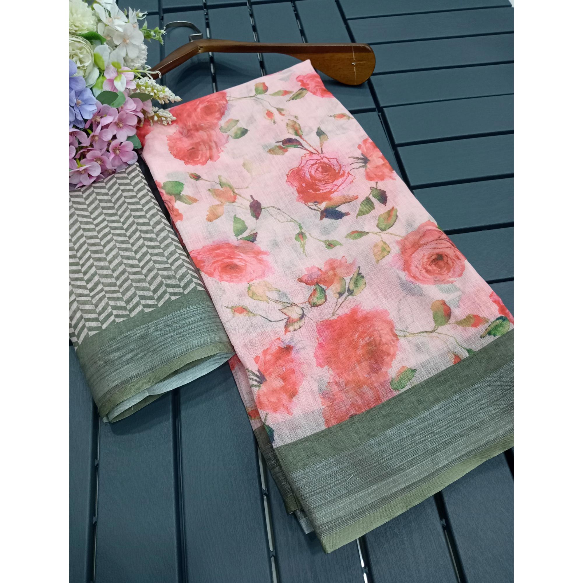 Peach Floral Digital Printed Linen Saree