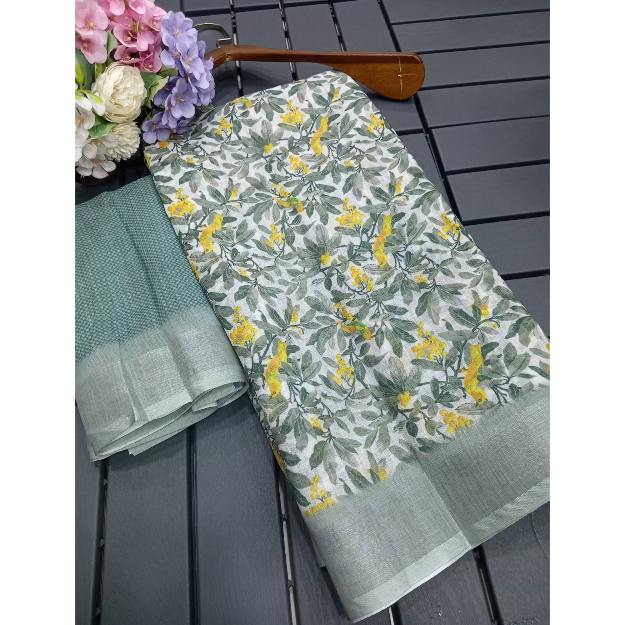 Grey Floral Digital Printed Linen Saree