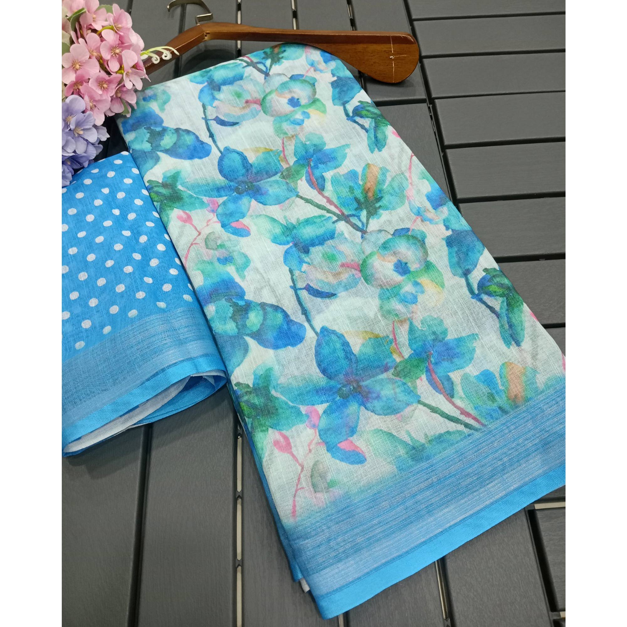 Blue Floral Digital Printed Linen Saree