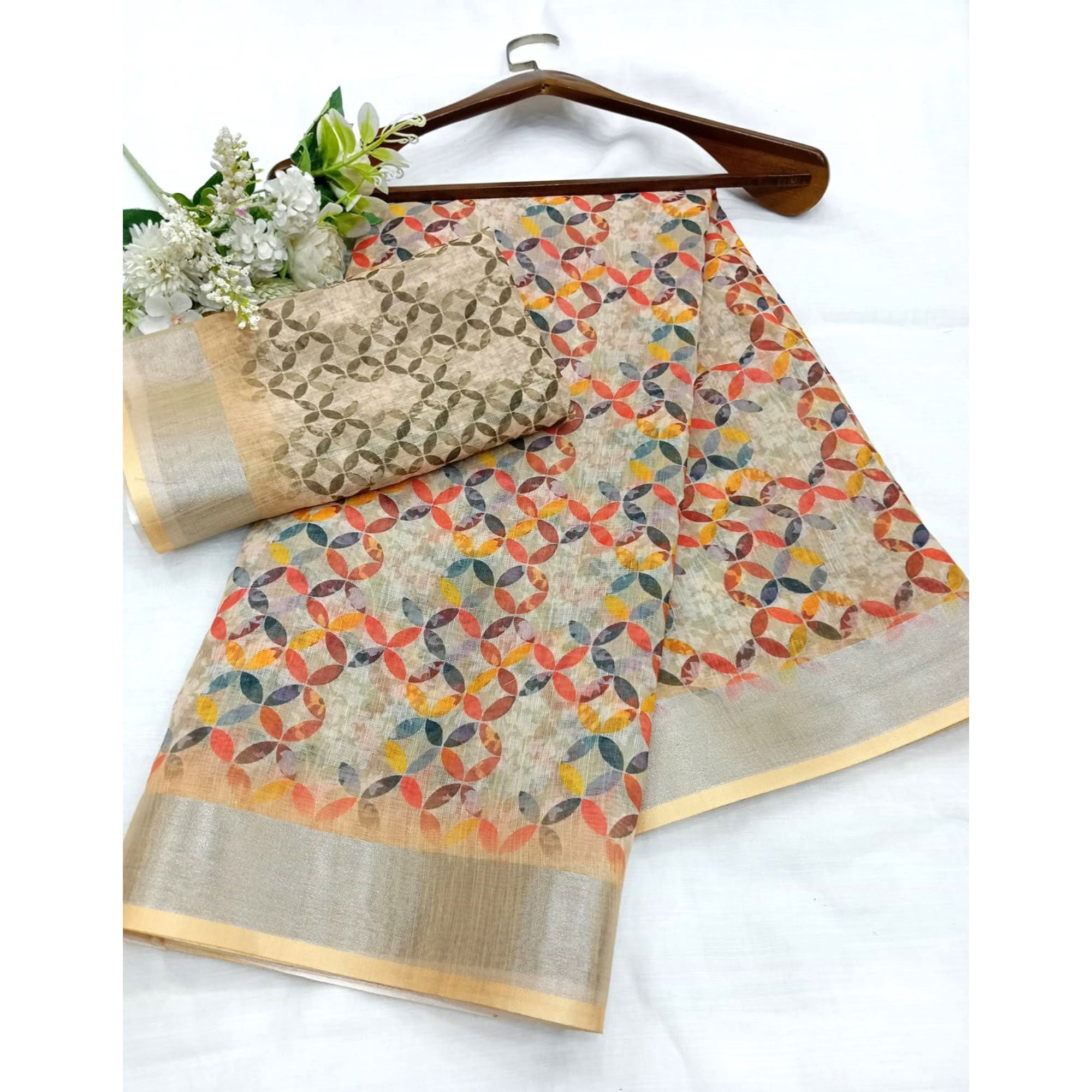 Beige Digital Printed Linen Saree