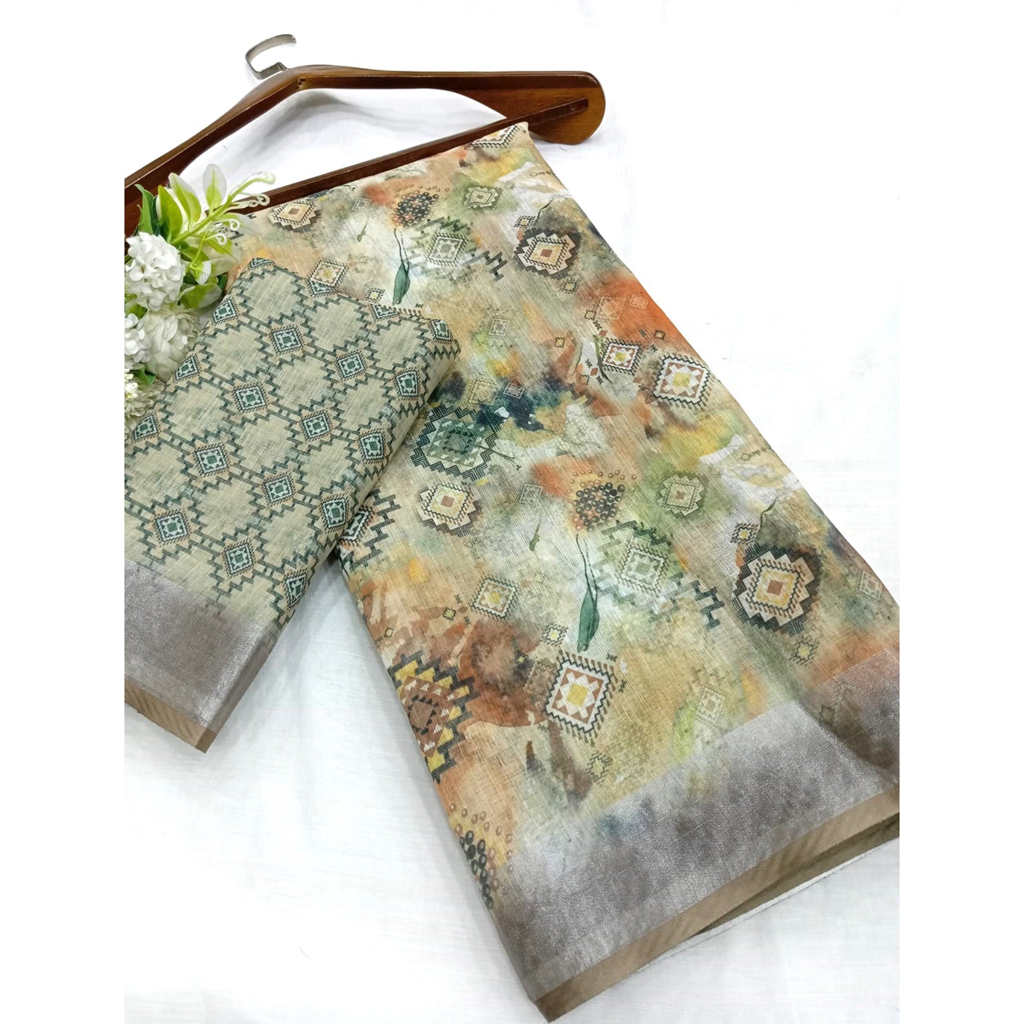 Cream & Green Digital Printed Linen Saree