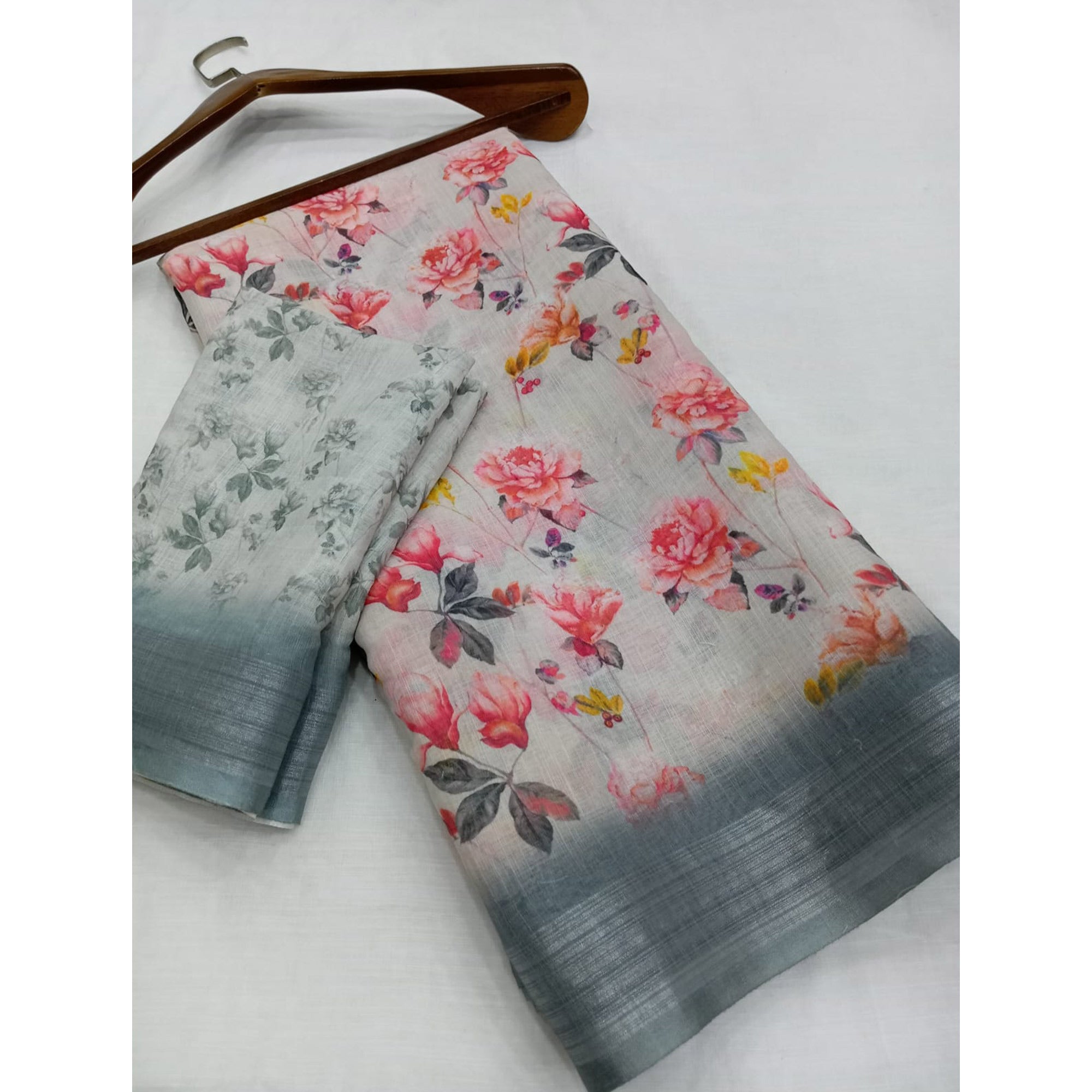 Grey Digital Printed Linen Saree