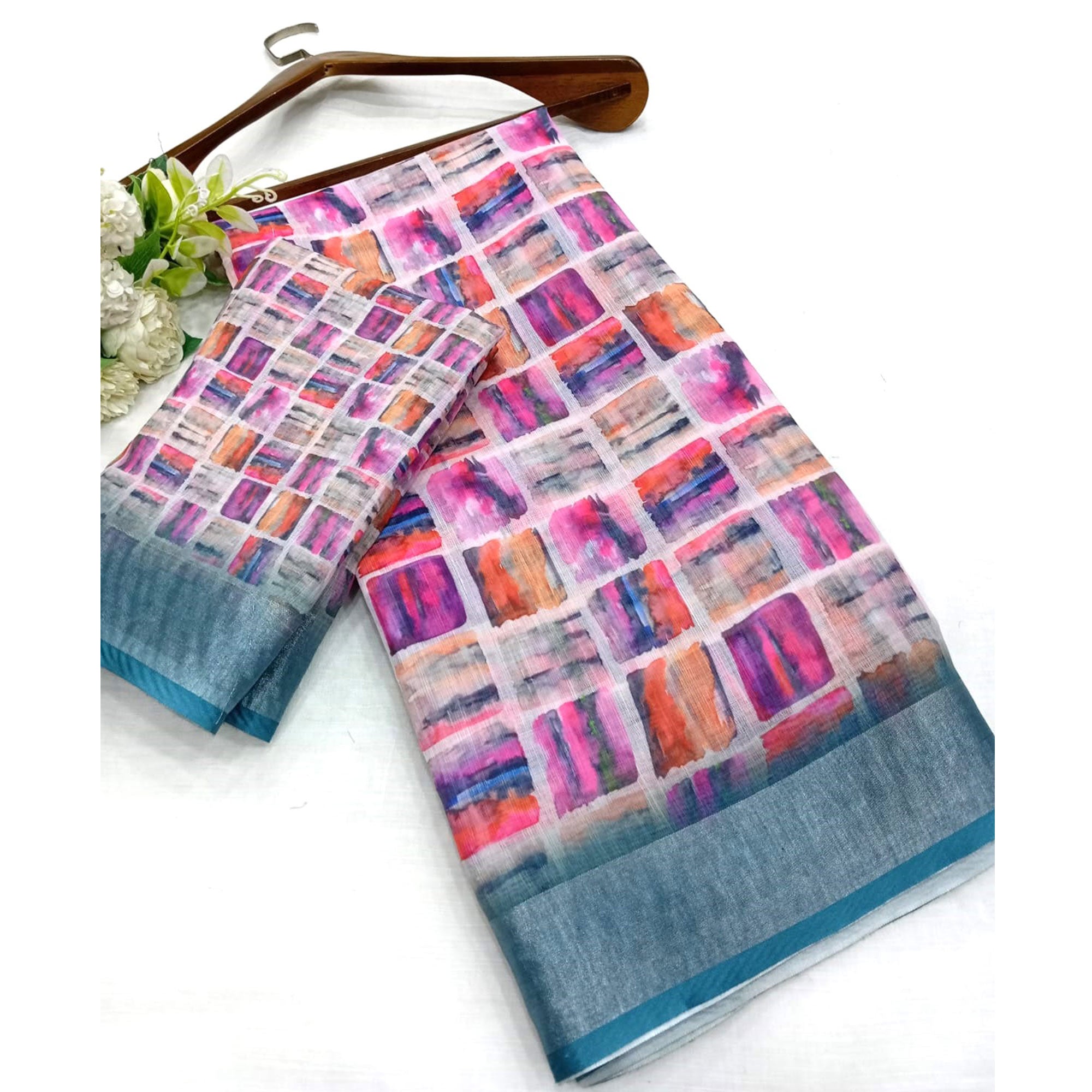 Multicolor Digital Printed Linen Saree