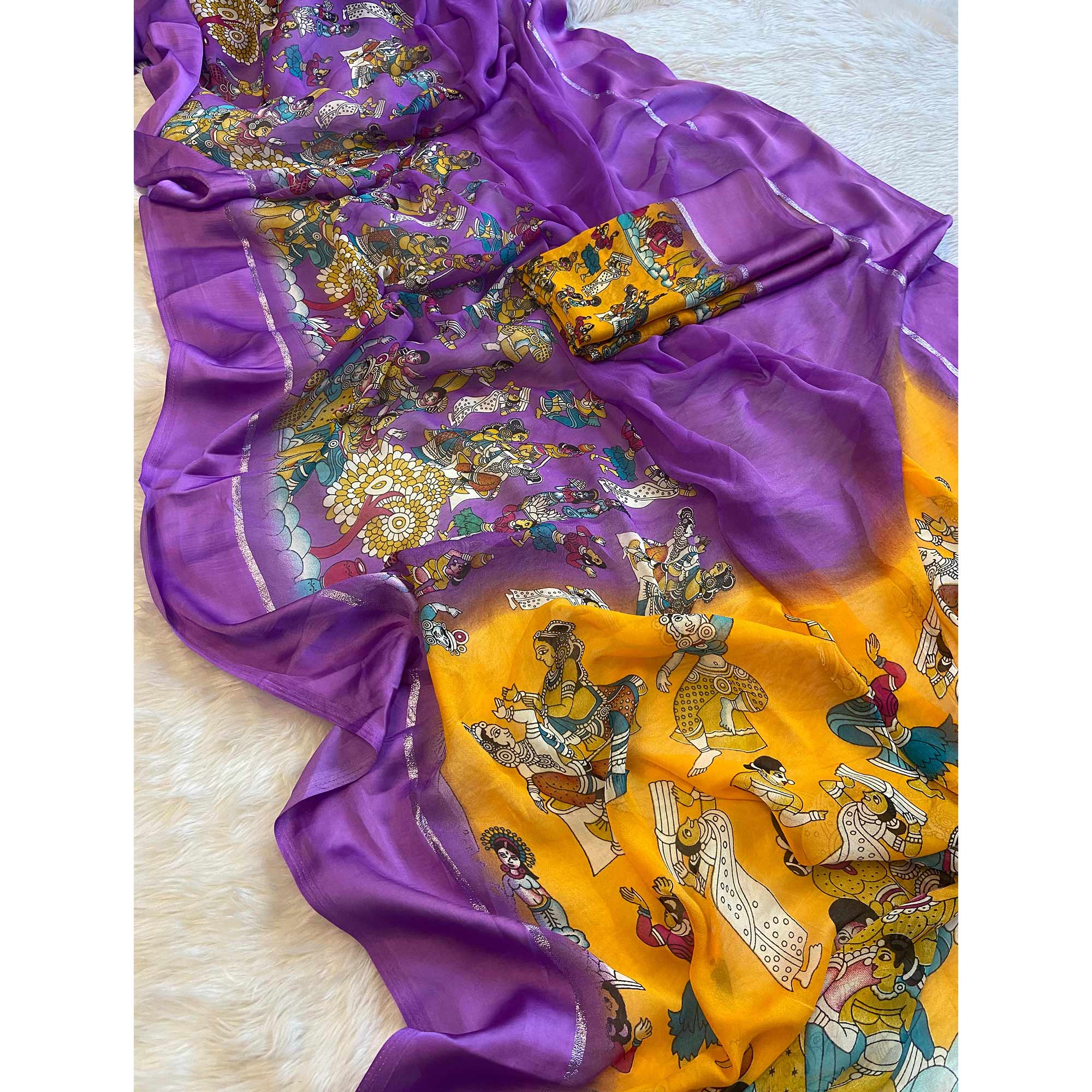 Lavender Printed Georgette Saree With Satin Border