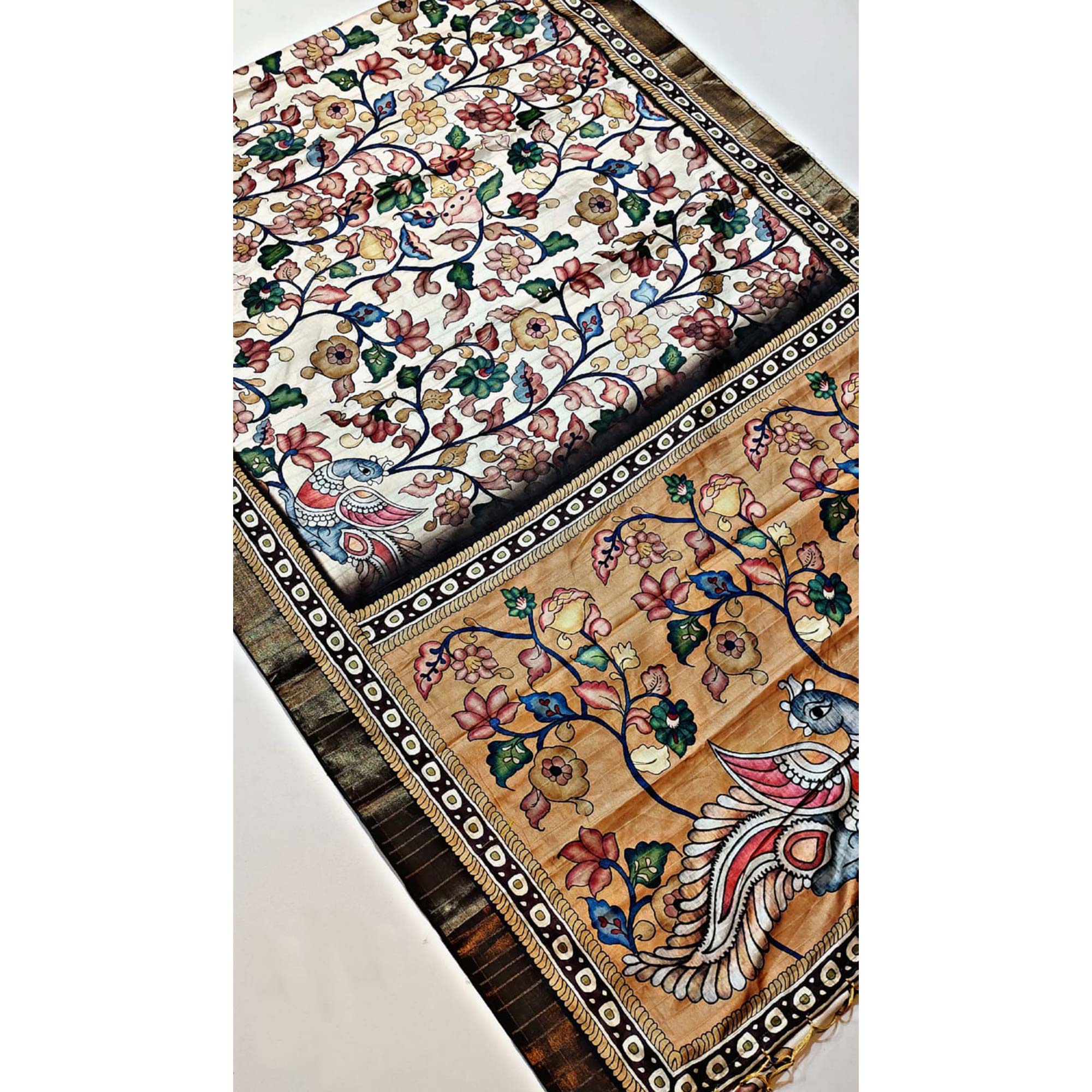 Beige Kalamkari Printed Tussar Silk Saree