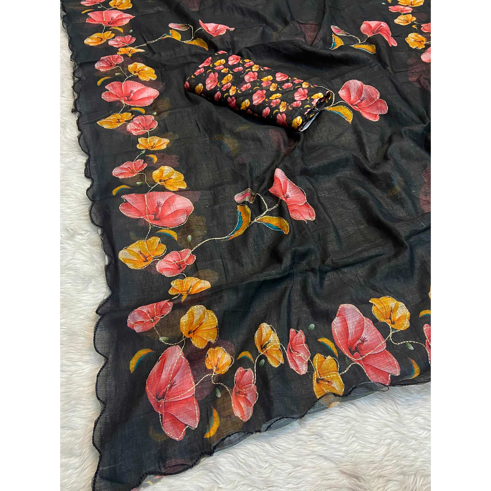 Black Floral Printed Linen Saree
