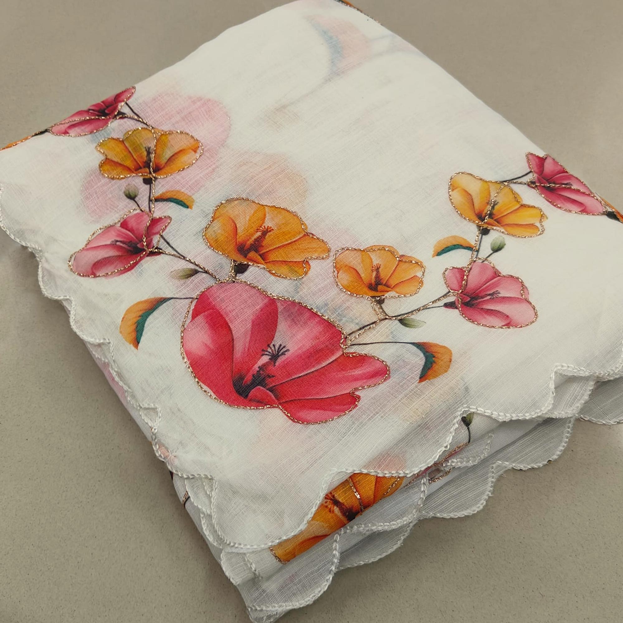 White Floral Printed Linen Saree