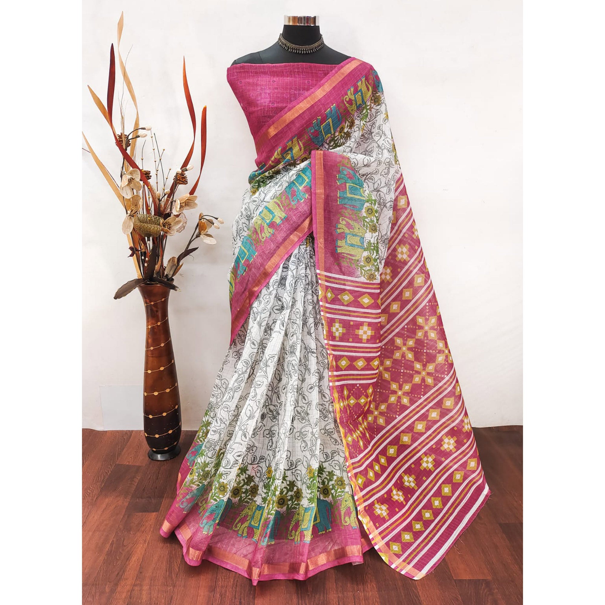 White Checks Zari Woven With Printed Linen Saree