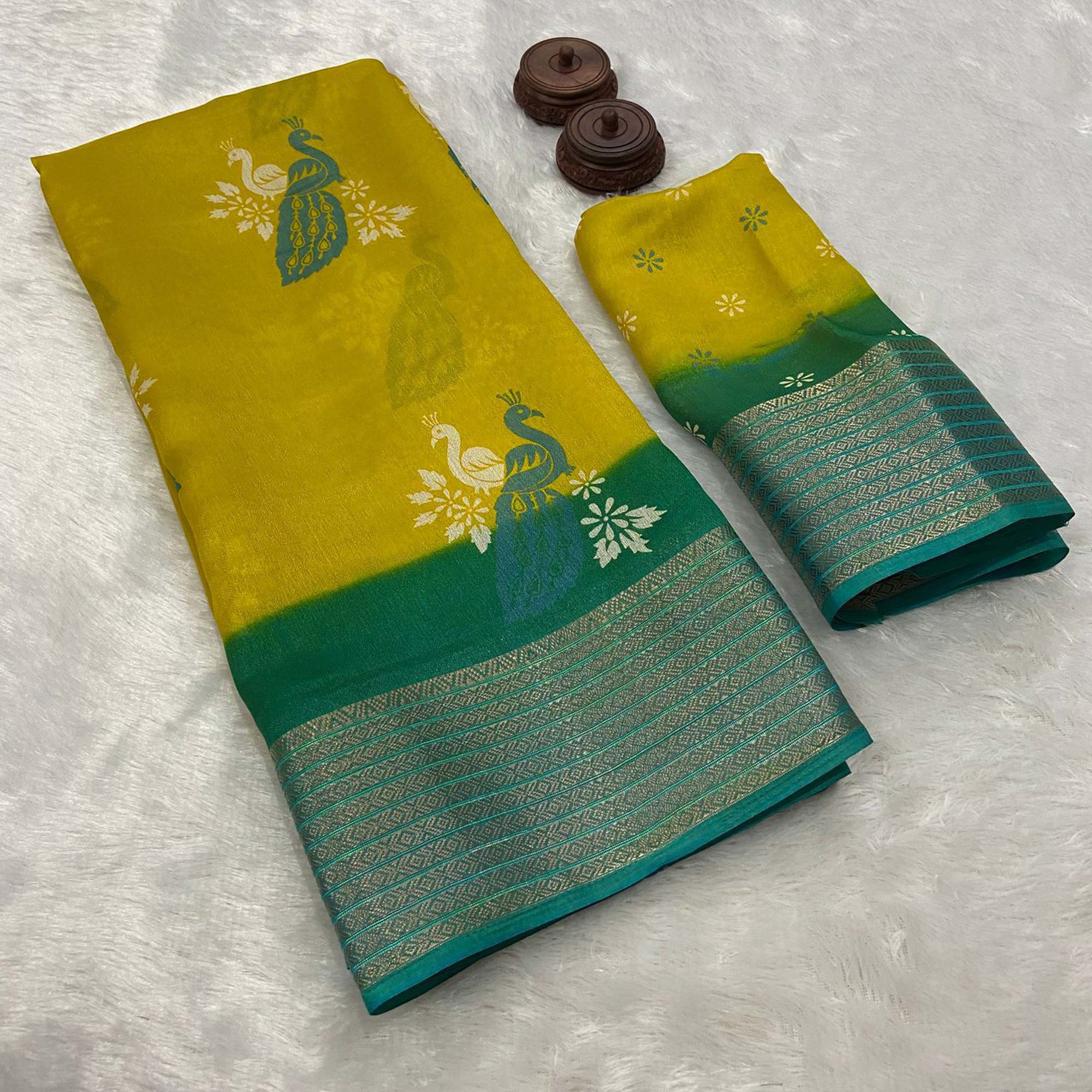 Olive Floral Printed Chiffon Saree