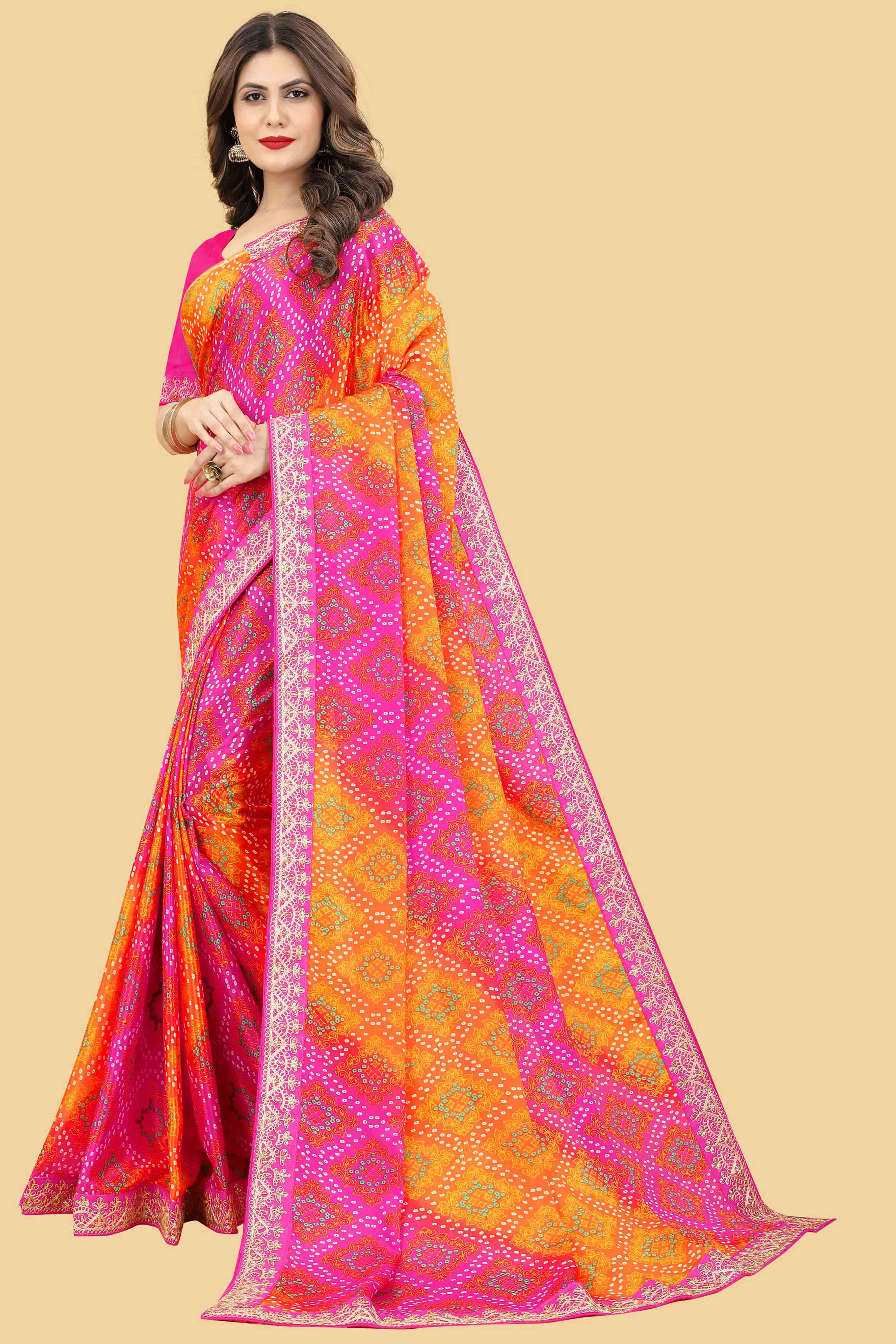 Pink & Orange Bandhani Printed Chinon Saree