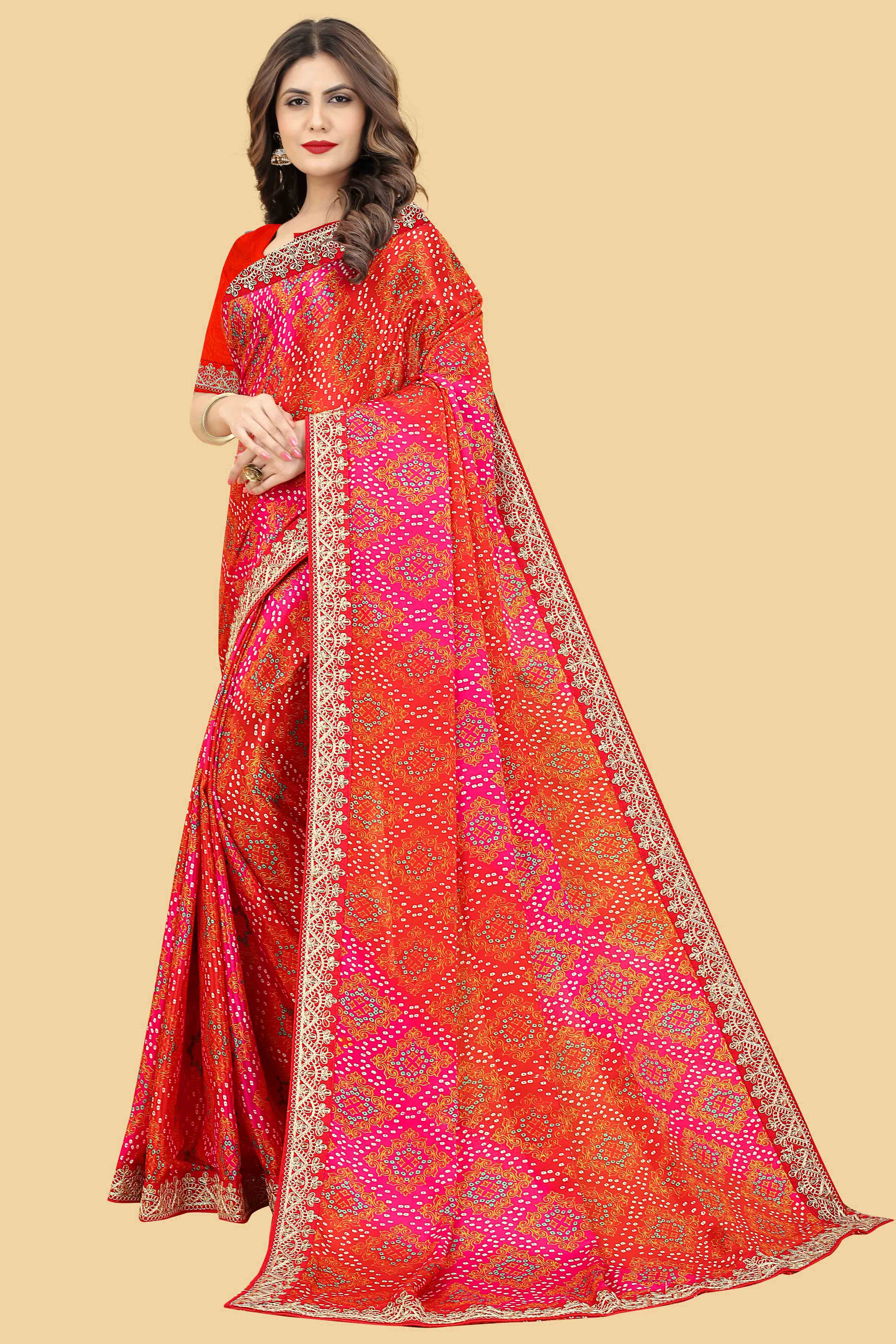 Red Bandhani Printed Chinon Saree