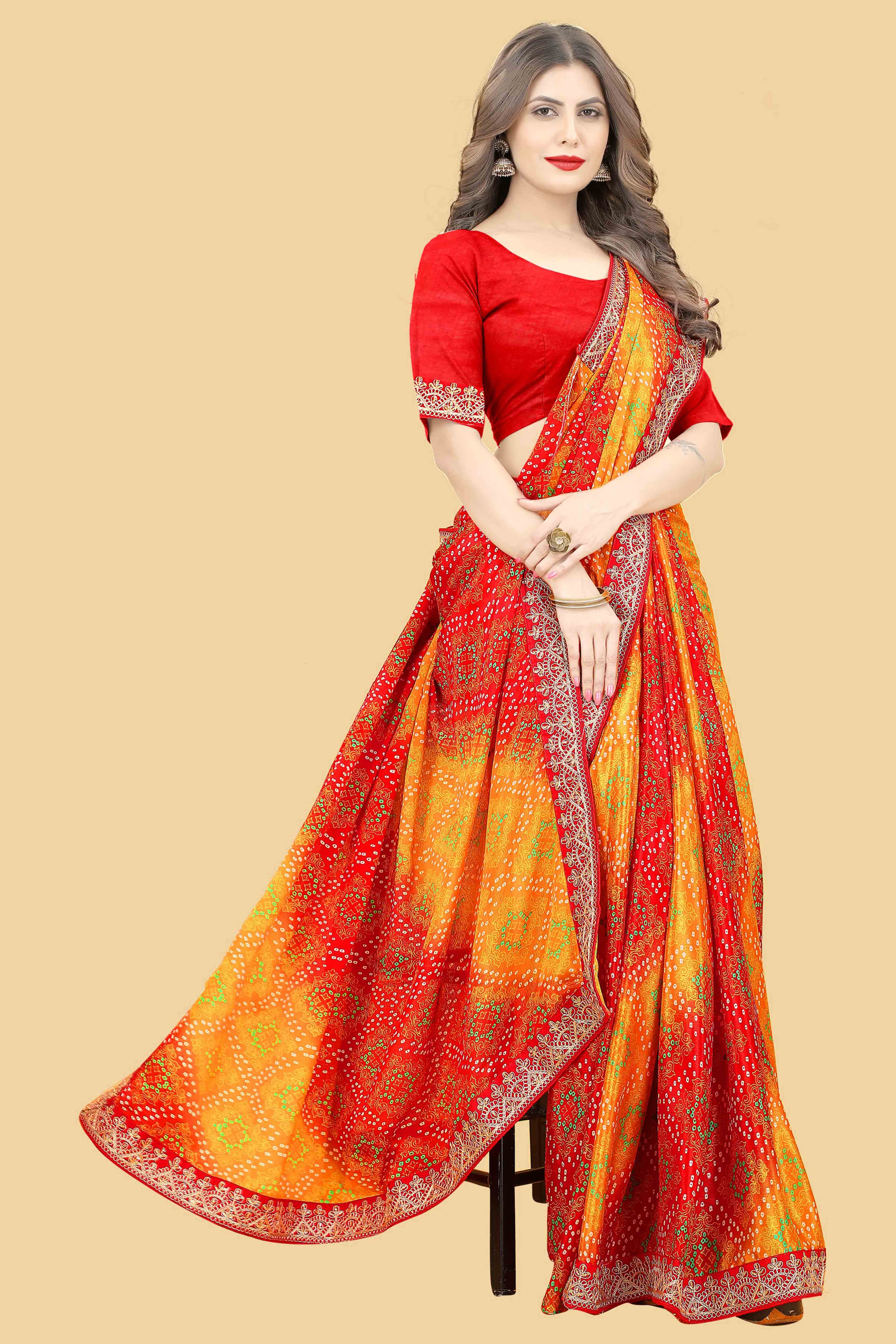 Red & Orange Bandhani Printed Chinon Saree