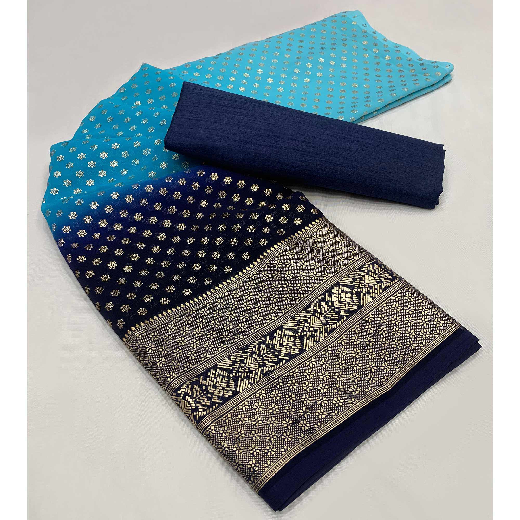 Blue Floral Foil Printed Georgette Saree