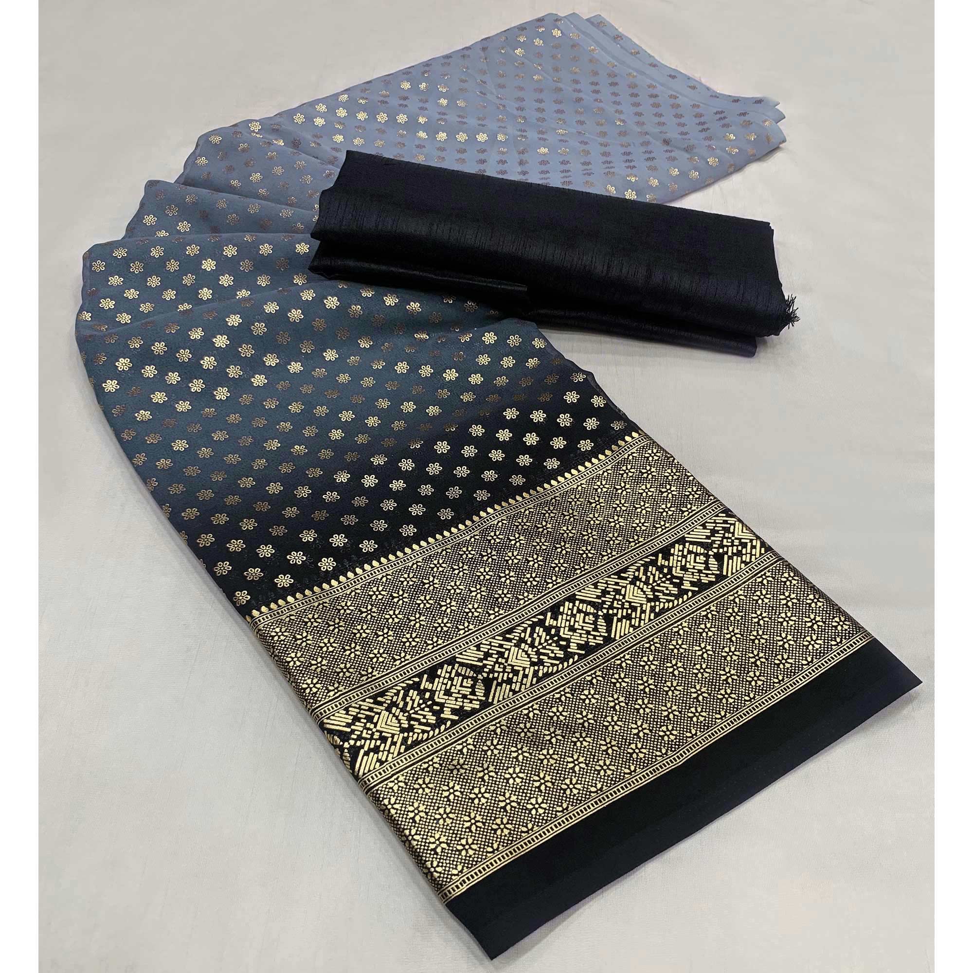 Grey Floral Foil Printed Georgette Saree