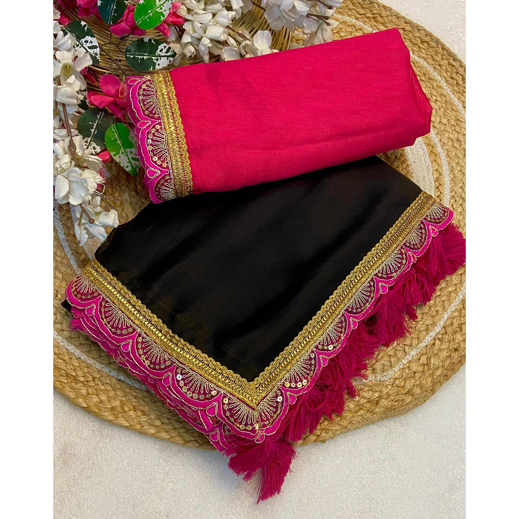 Black Solid With Sequins Embroidered Moss Chiffon Saree