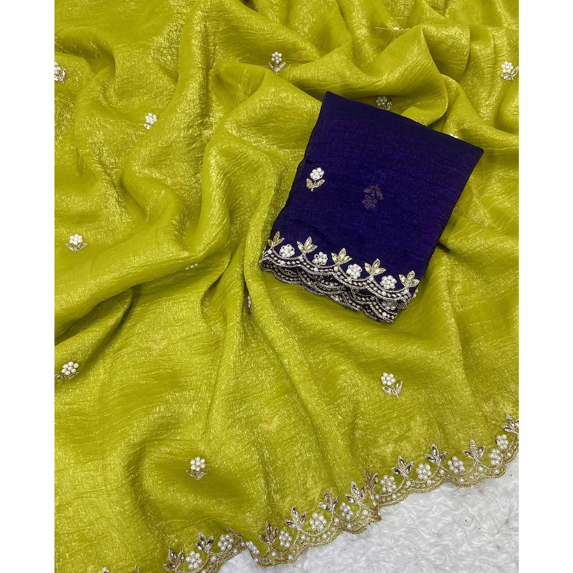 Lime Green Crunchy Chiffon Saree with Elegant Embroidery and Pearl Embellishments