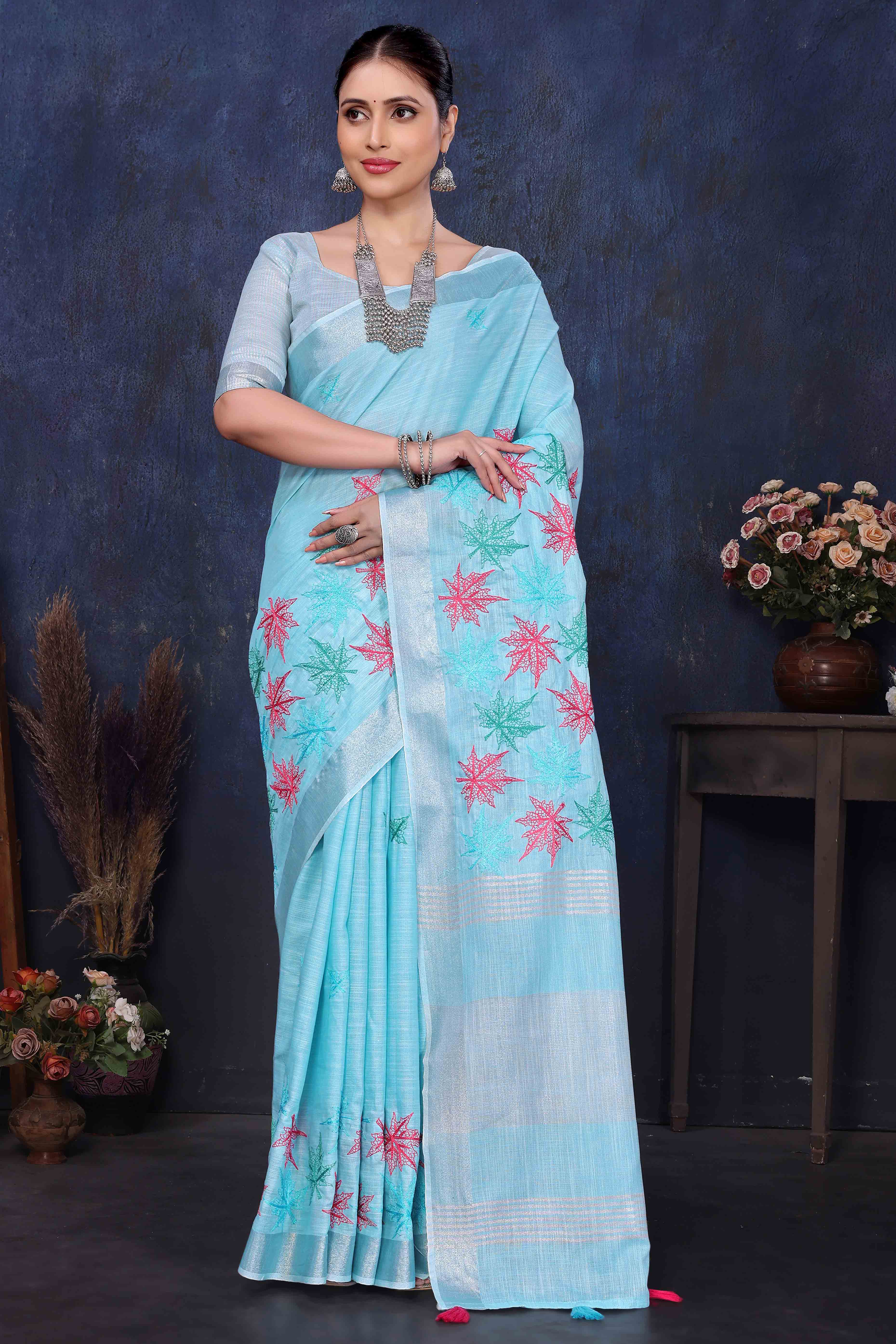 Sky Blue Floral Embroidered Cotton Silk Saree