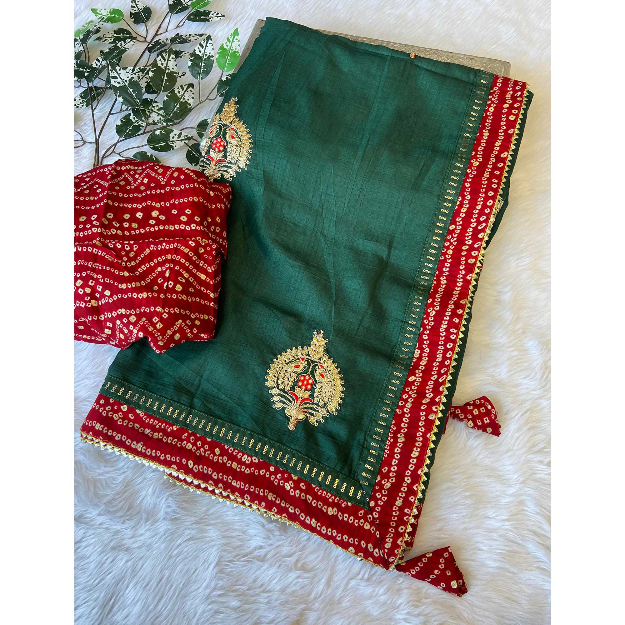 Morpich Green Zari Embroidered Vichitra Silk Saree