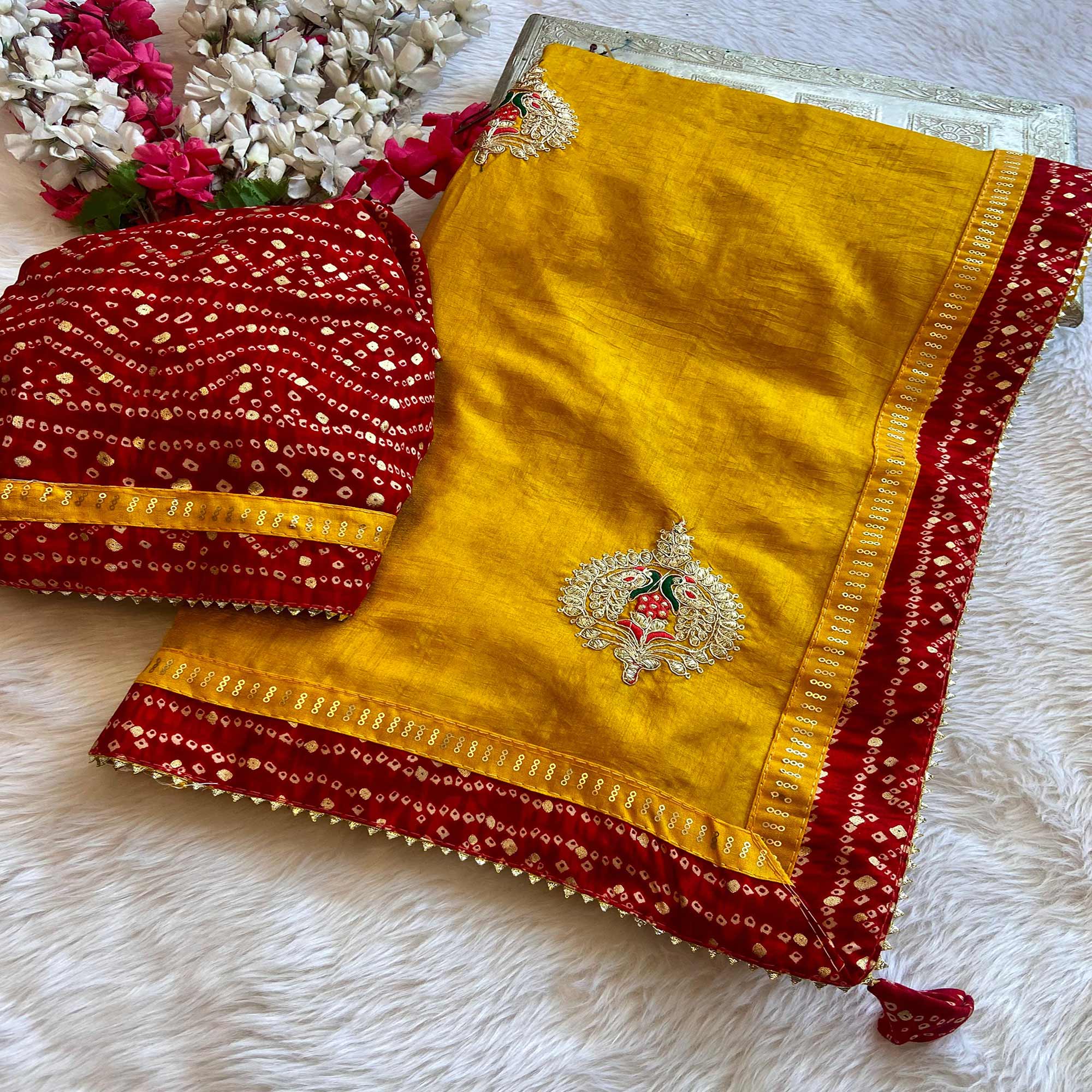 Mustard Zari Embroidered Vichitra Silk Saree