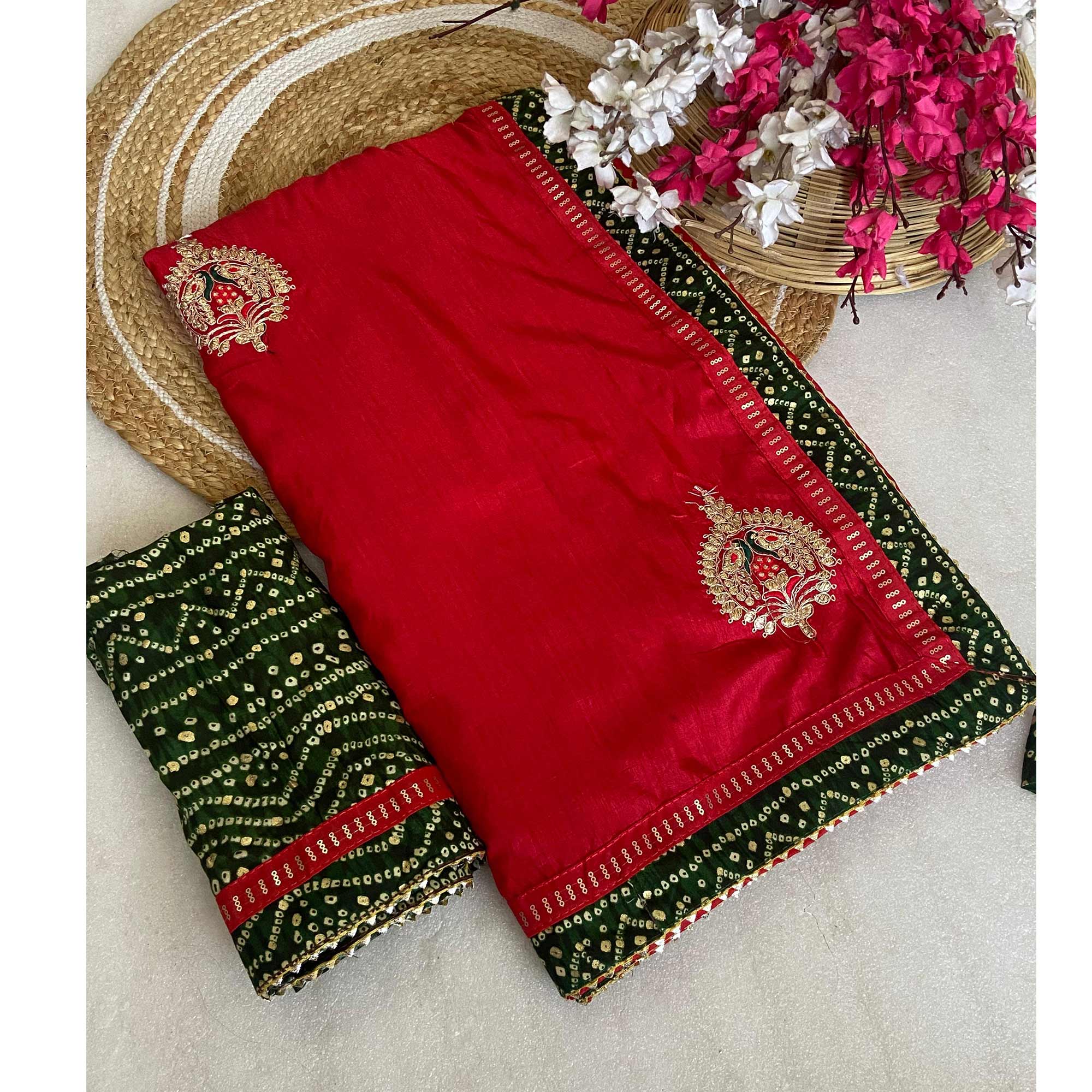 Red Zari Embroidered Vichitra Silk Saree