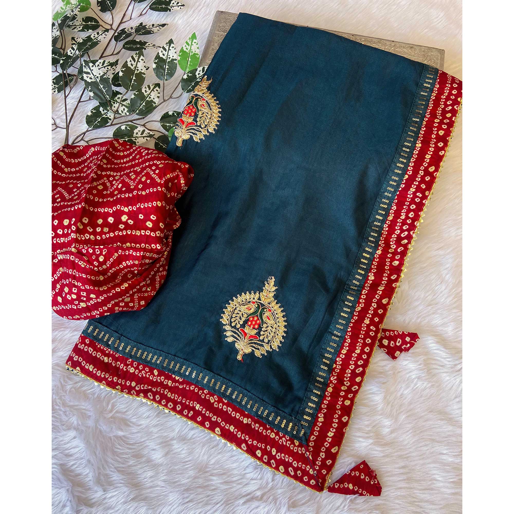 Teal Zari Embroidered Vichitra Silk Saree