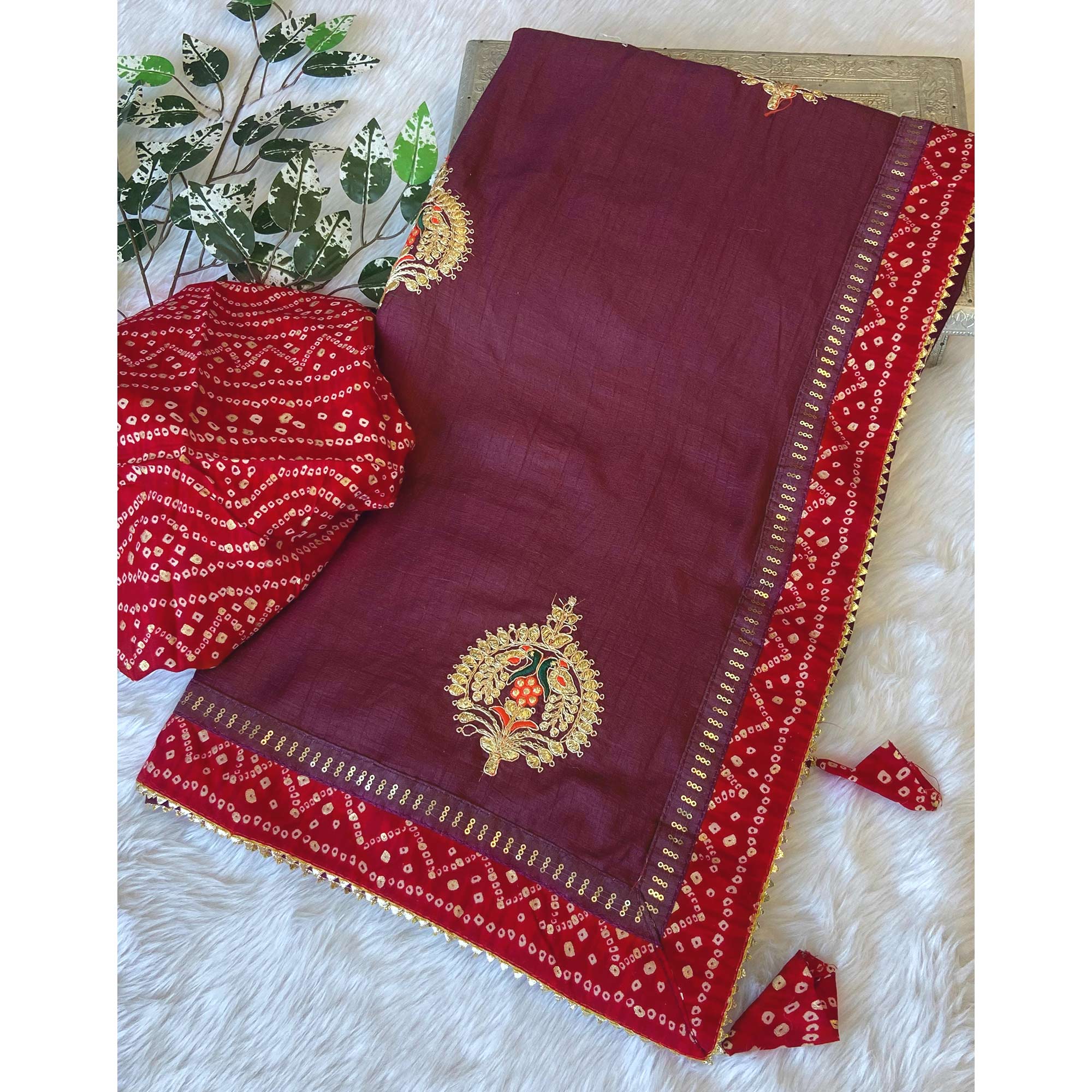 Wine Zari Embroidered Vichitra Silk Saree