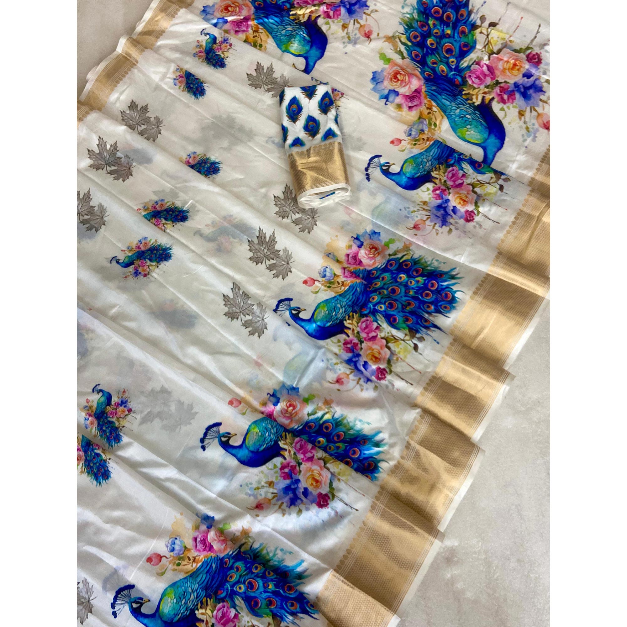 White & Blue Floral Printed Dola Silk Saree With Woven Broder
