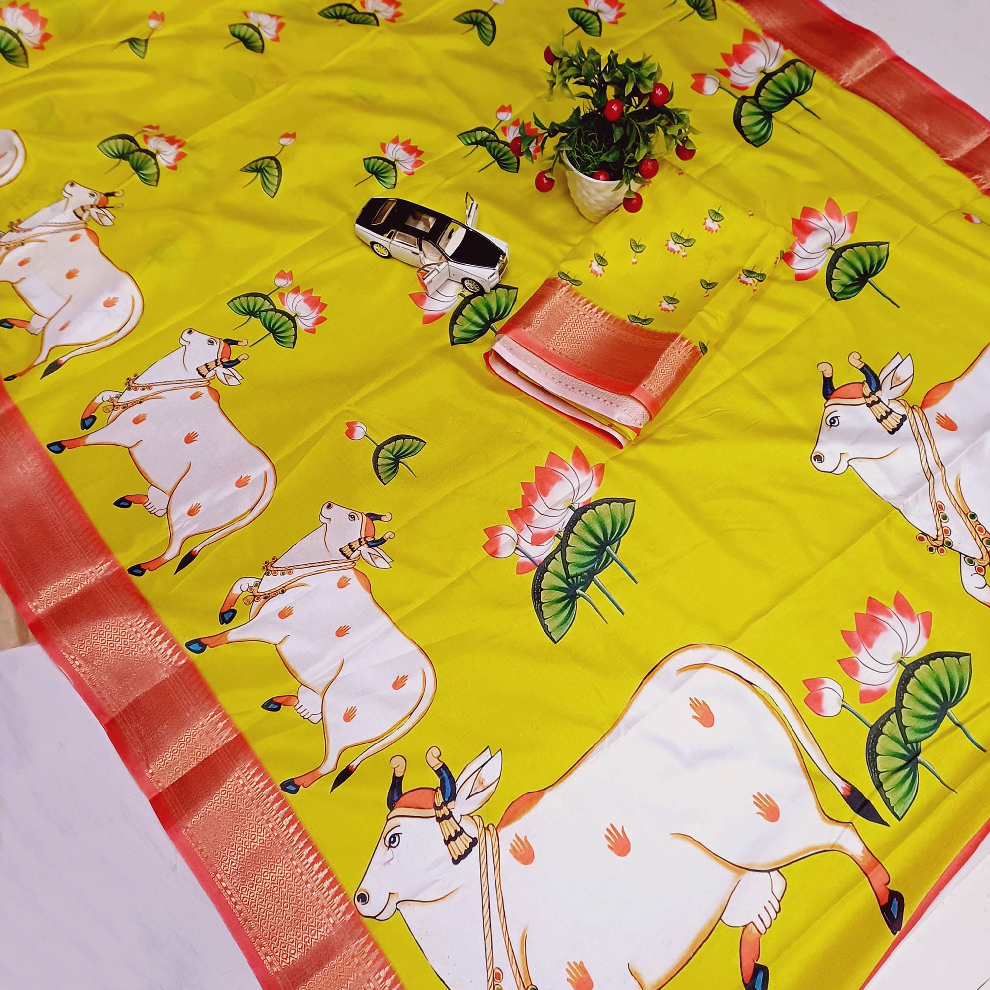 Yellow Floral Printed Doal Silk Saree With Woven Broder