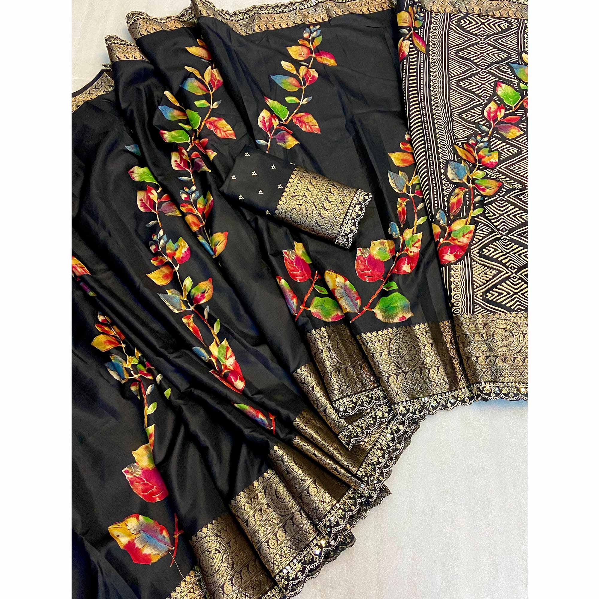 Black Floral Printed Dola Silk Saree With Woven Border