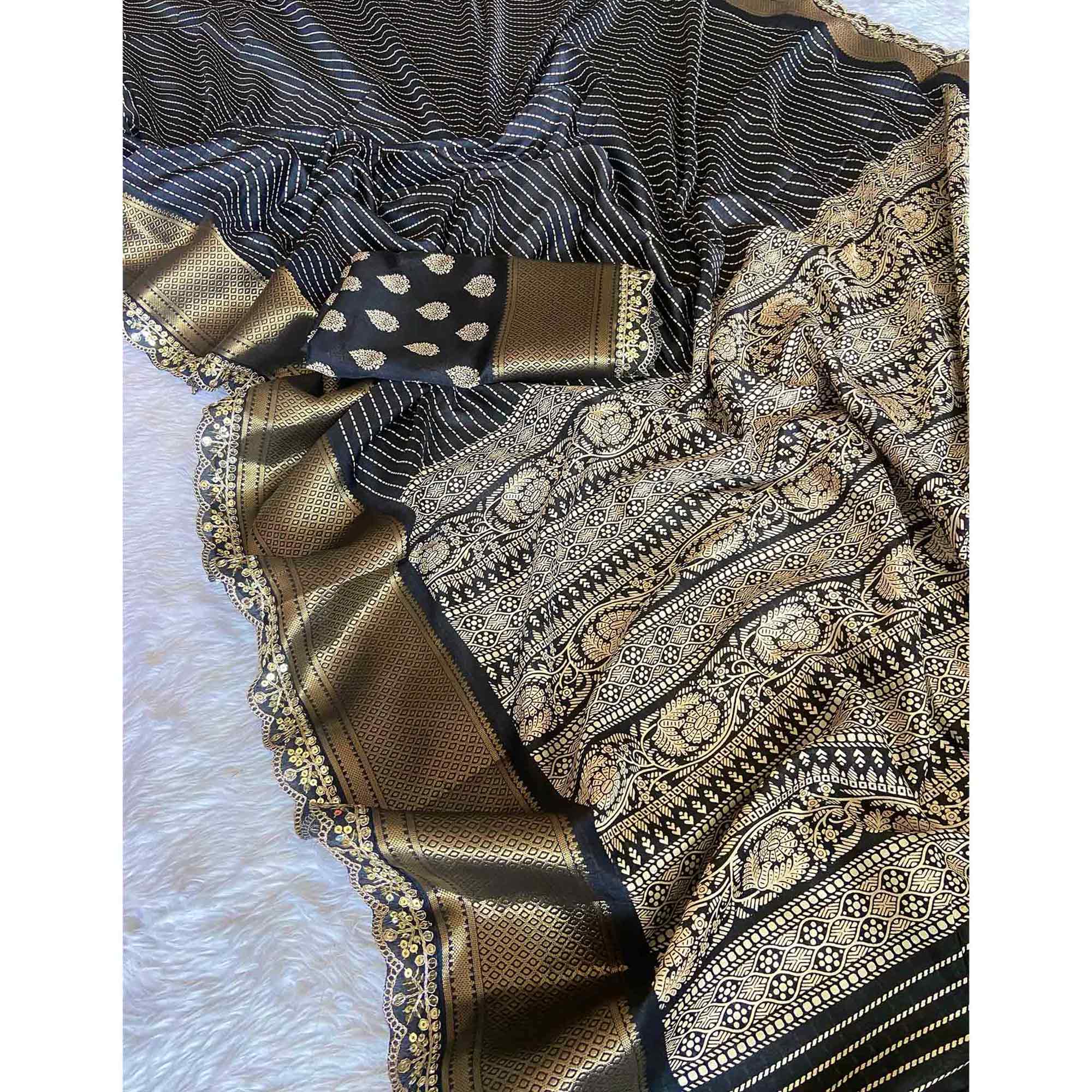 Black & Gold Floral Printed Dola Silk Saree With Woven Border