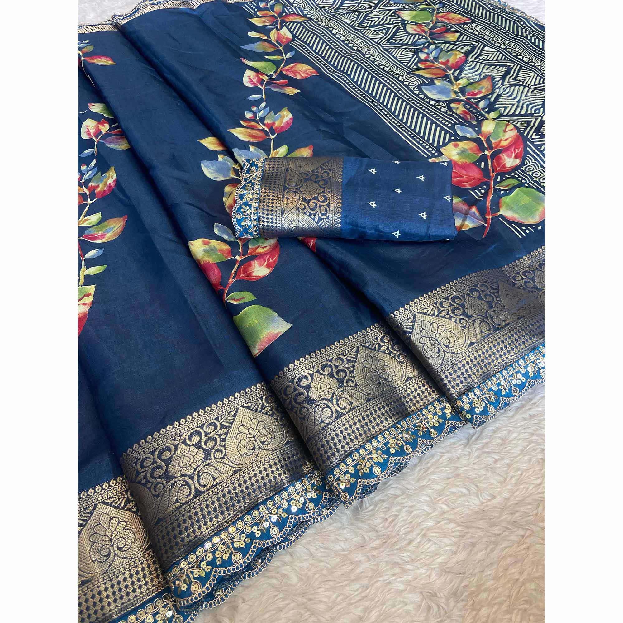 Blue Floral Printed Dola Silk Saree Accentuated with a Traditional Woven Border