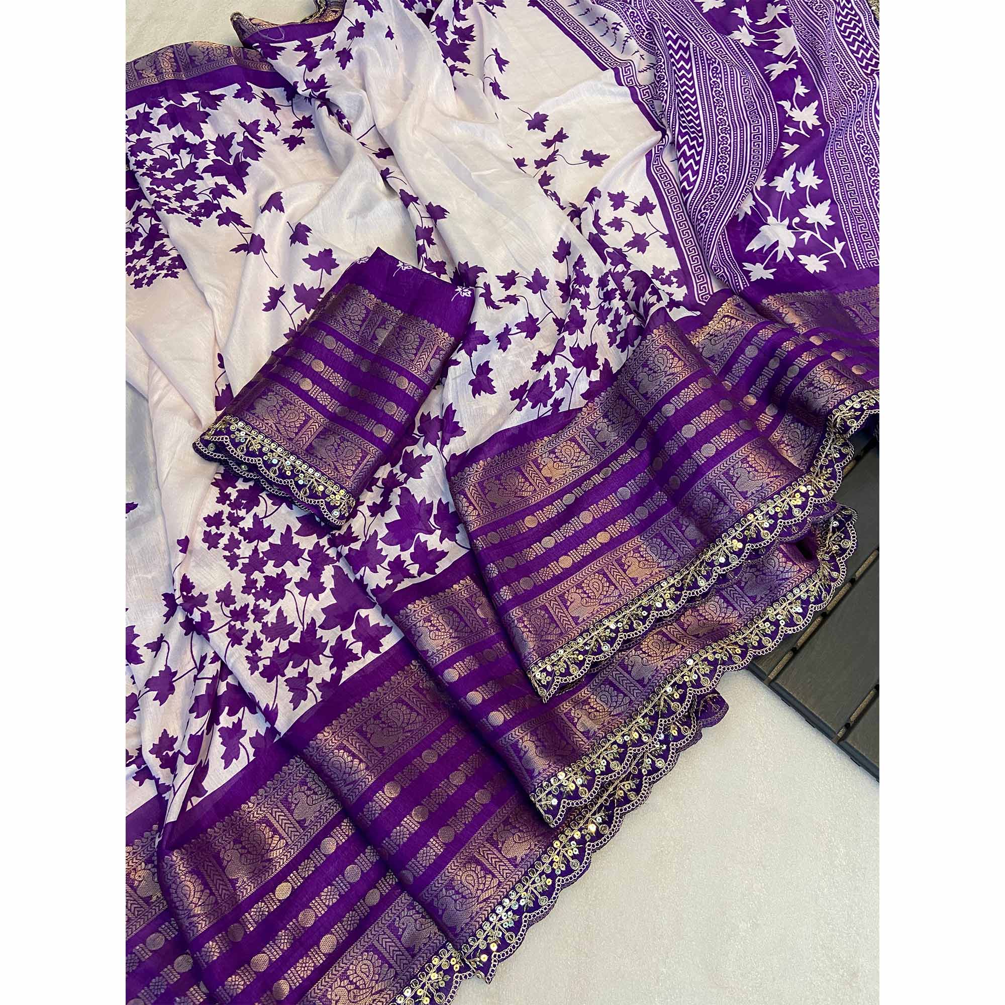 Purple & White Floral Printed Dola Silk Saree With Woven Border