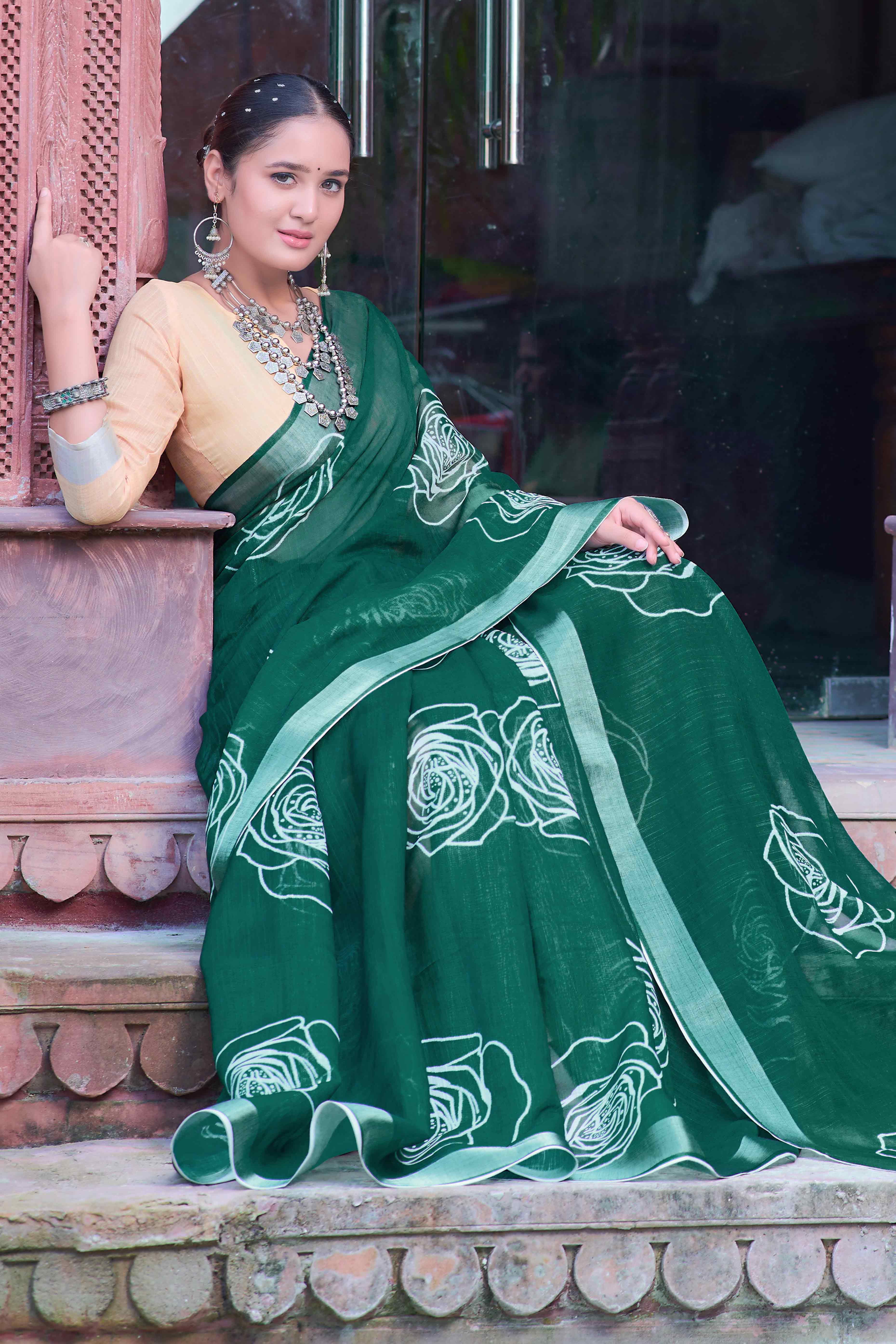 Dark Green Floral Printed Linen Saree